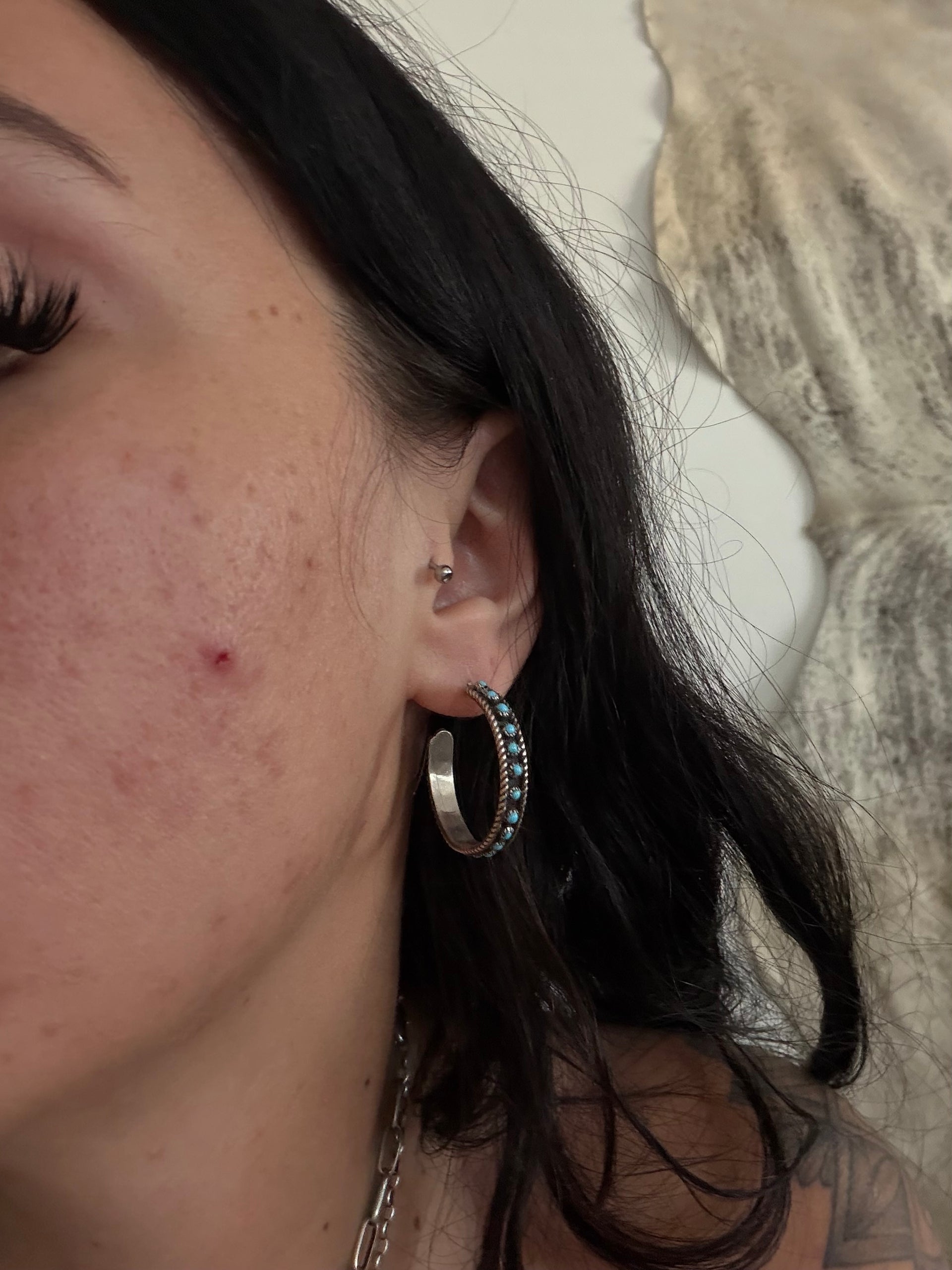 Zuni Made Sterling Silver Post Dangle Hoop Earrings