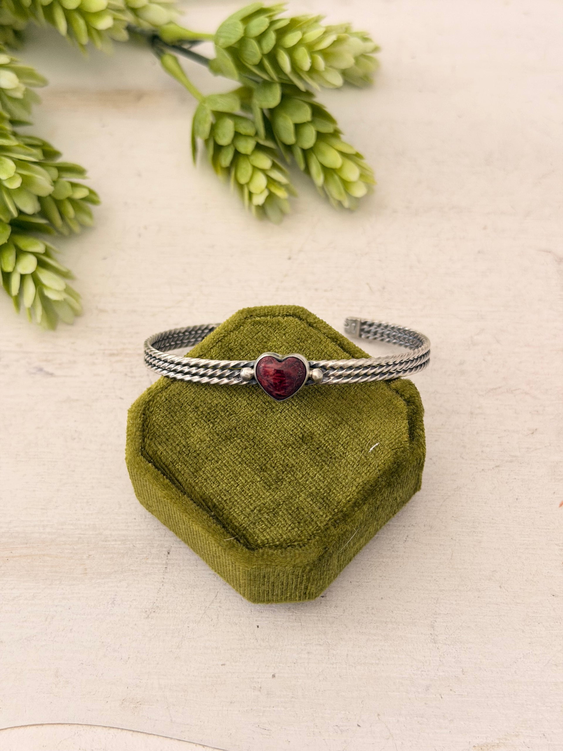 Navajo Made Rose Dahlia & Sterling Silver Heart Cuff Bracelet