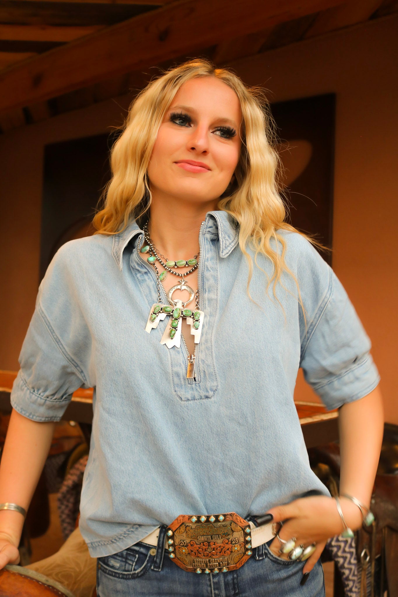 Russell Sam Sonoran Gold Turquoise & Sterling Silver Cluster Thunderbird Necklace