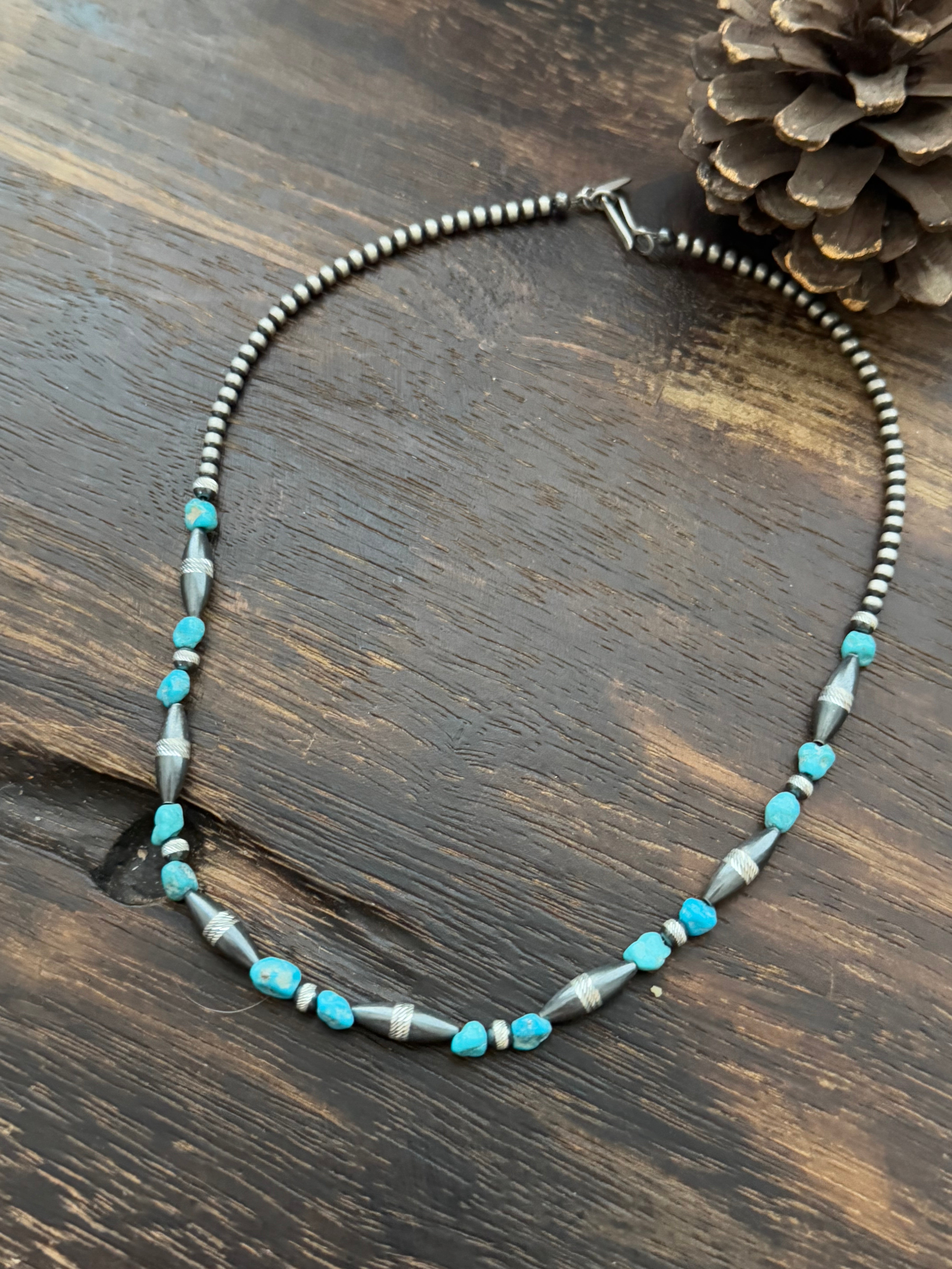 Navajo Strung Kingman Turquoise & Sterling Silver Beaded Necklace