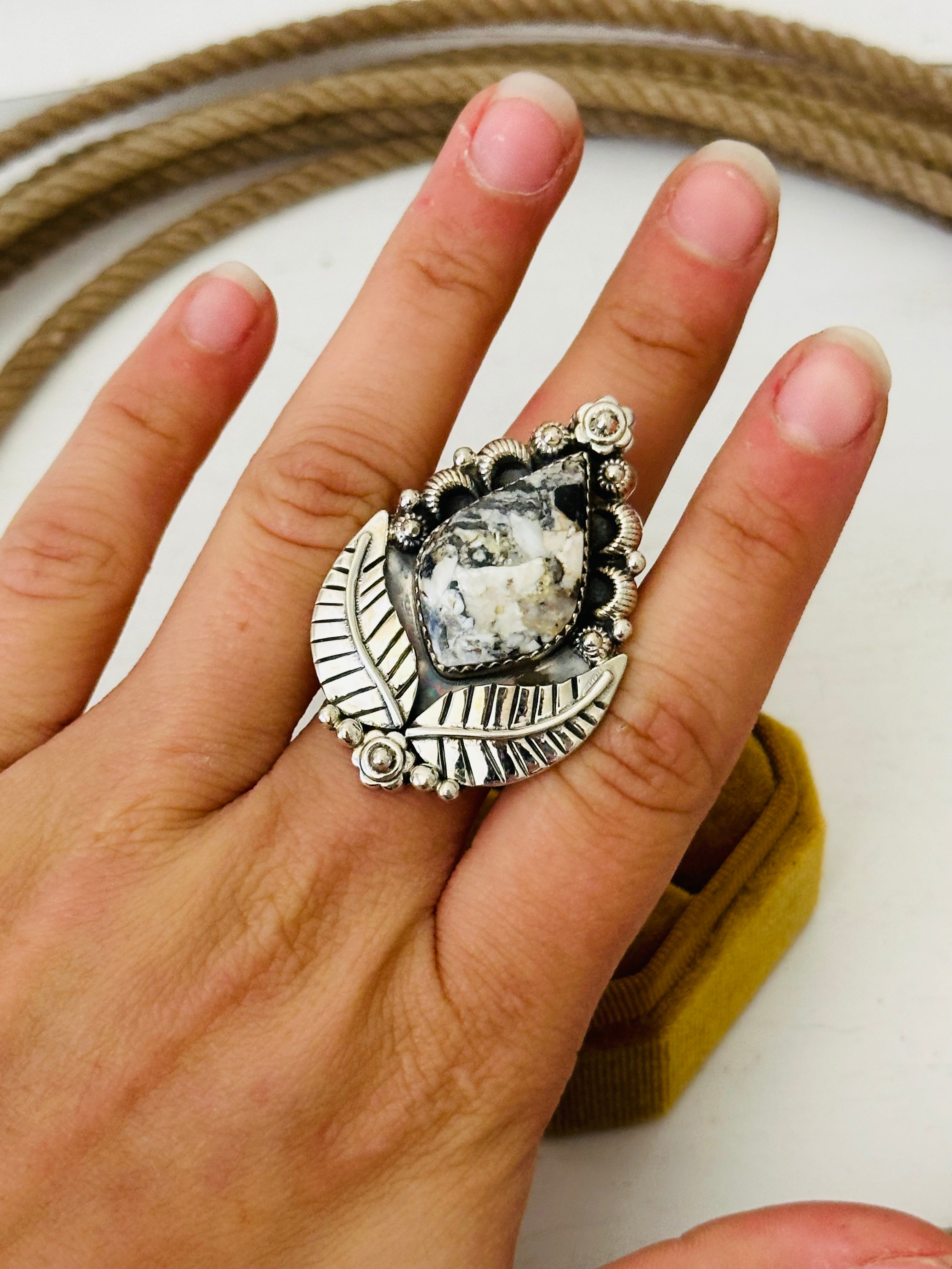 Southwest Handmade White Buffalo & Sterling Silver Adjustable Ring