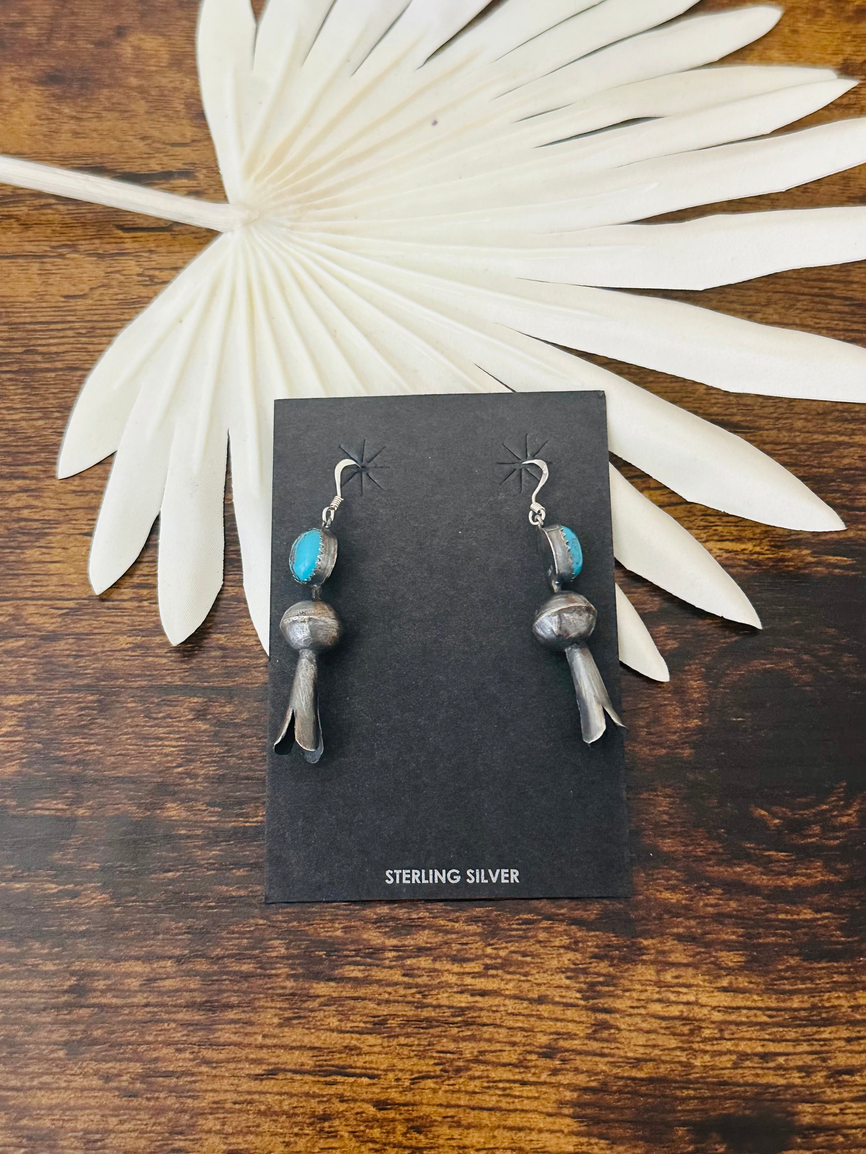 Navajo Made Kingman Turquoise & Sterling Silver Blossom Dangle Earrings