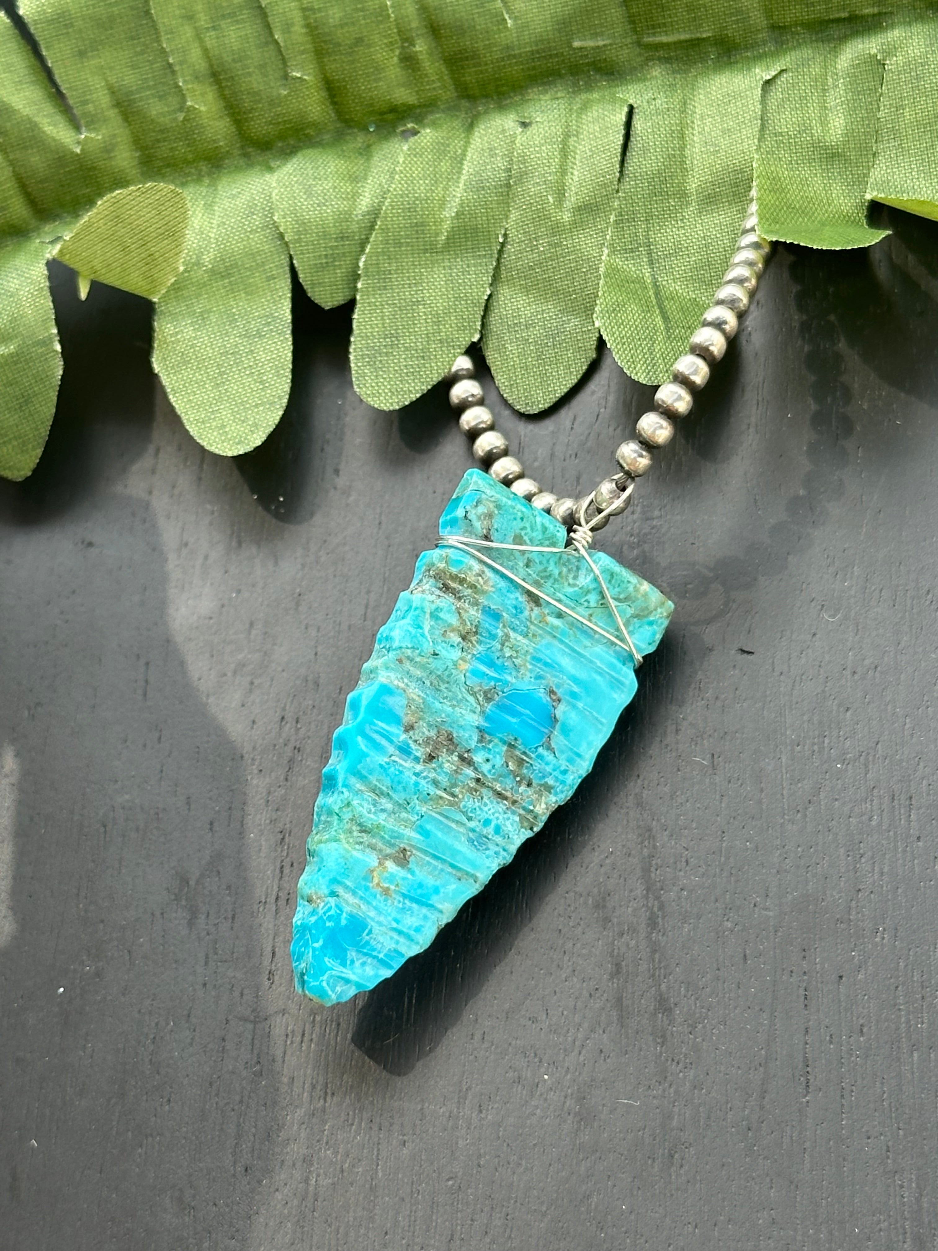 Navajo Handmade Kingman Turquoise Slab & Sterling Silver Arrow Pendant