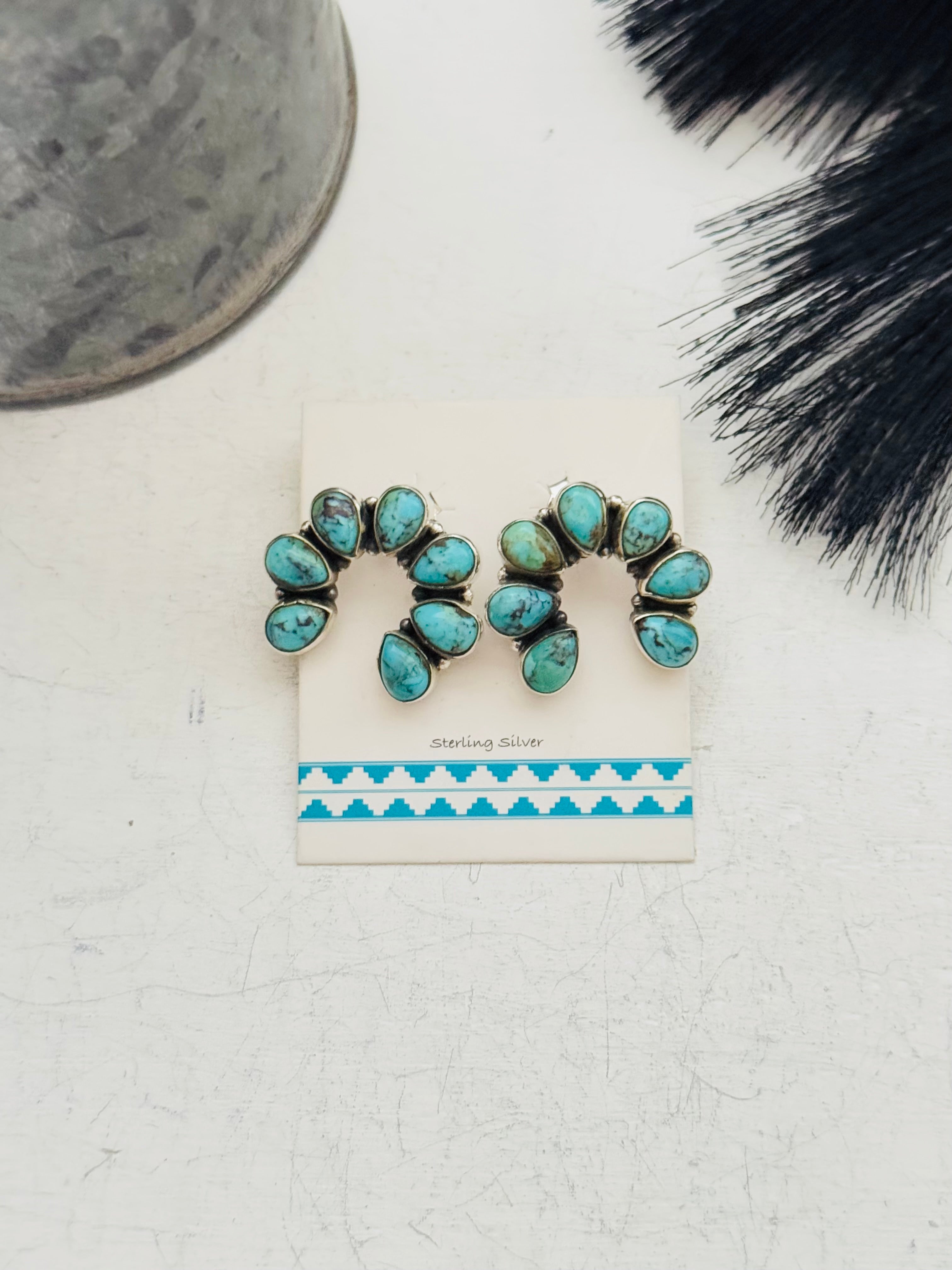 Southwest Handmade Kingman Turquoise & Sterling Silver Post Naja Cluster Earrings