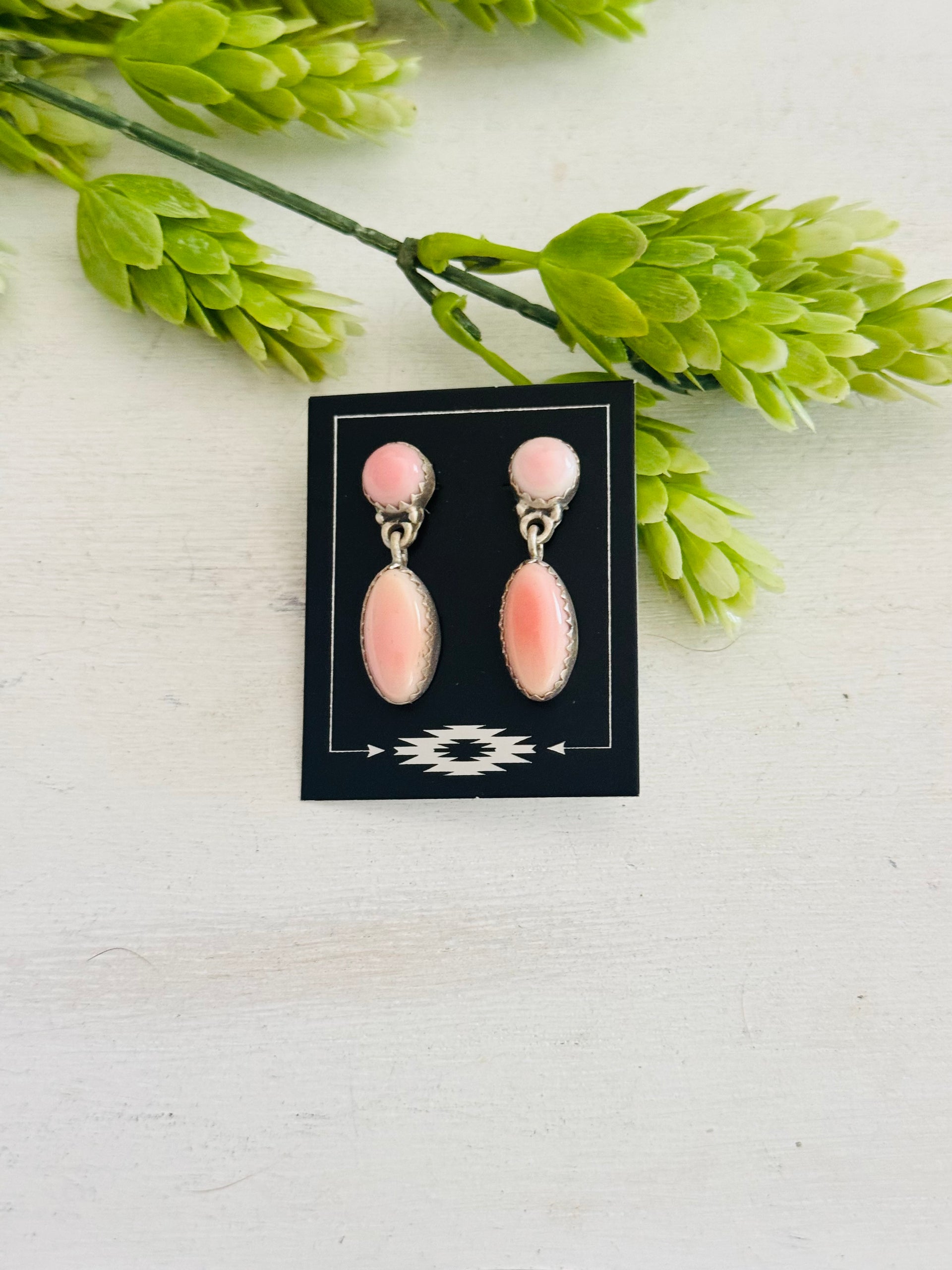 Southwest Made Pink Conch & Sterling Silver Post Dangle Earrings