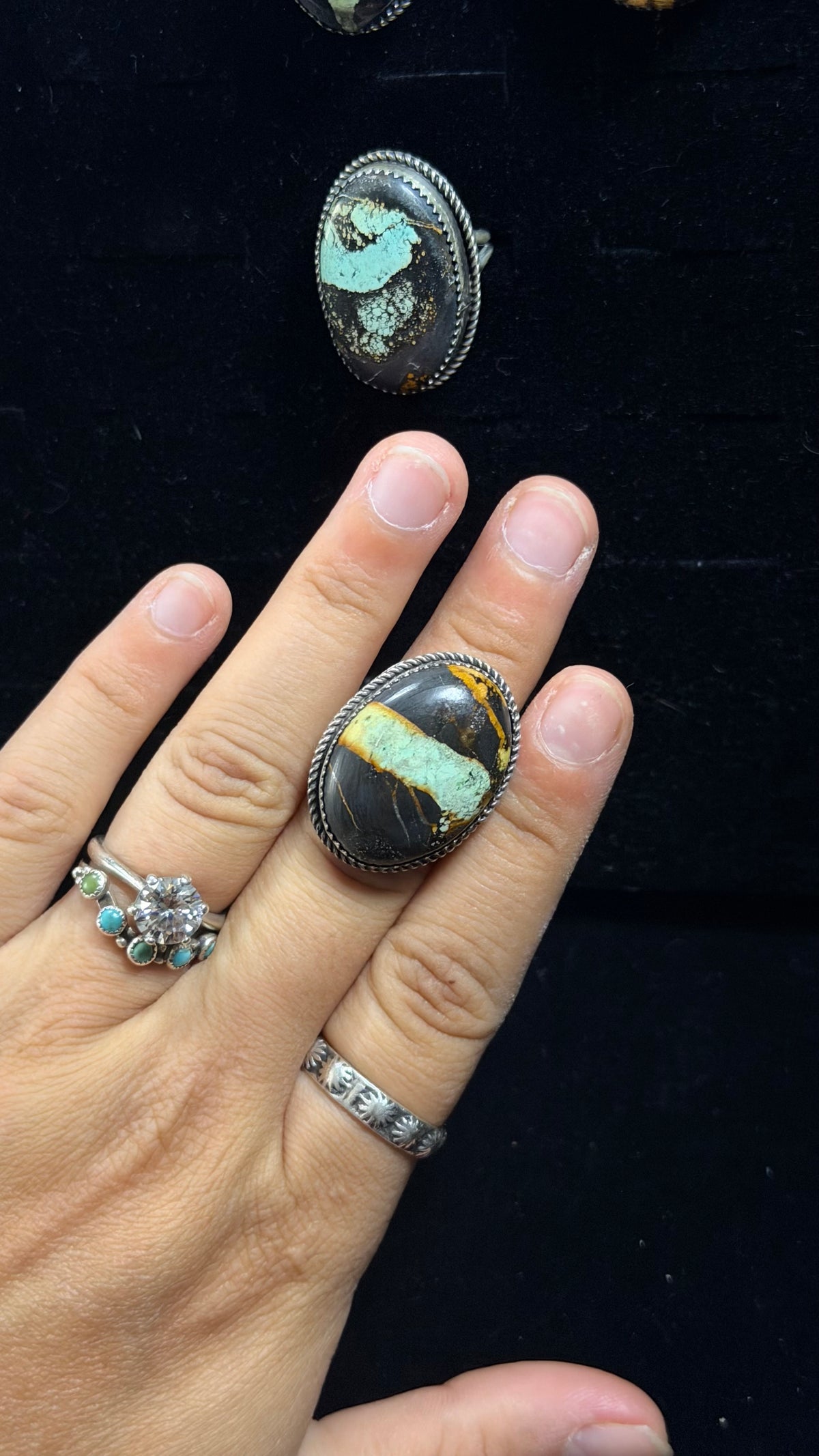 Tia Long Black Jack Turquoise & Sterling Sliver Adjustable Ring