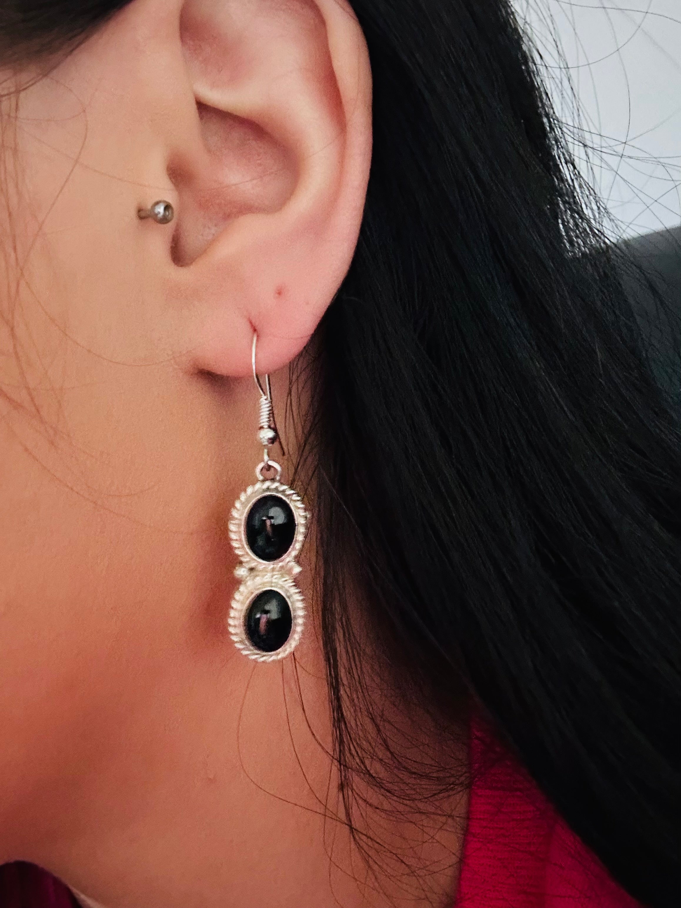 Navajo Made Onyx & Sterling Silver Dangle Earrings