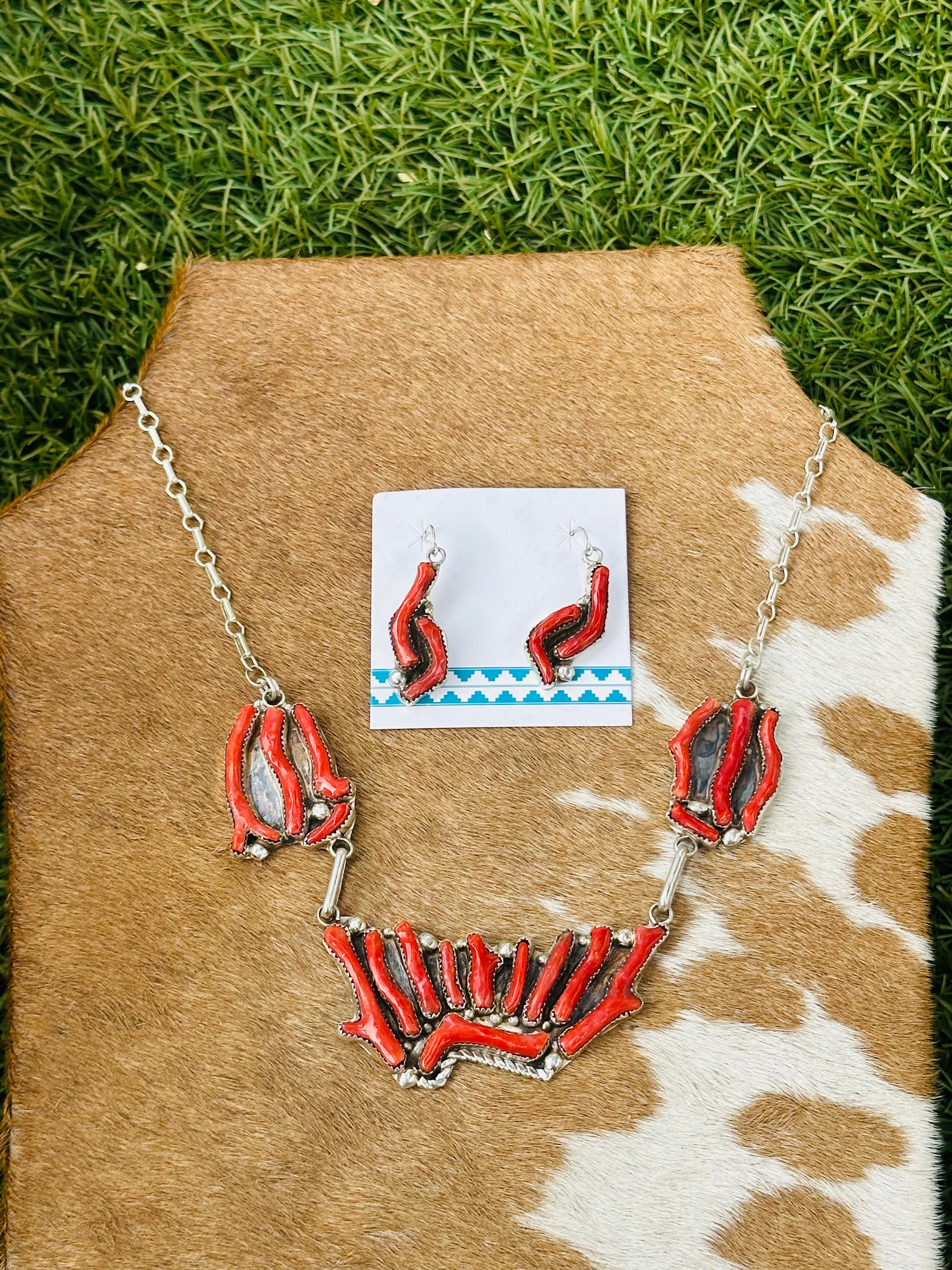 Zuni Made Red Coral and Sterling Silver Necklace Set