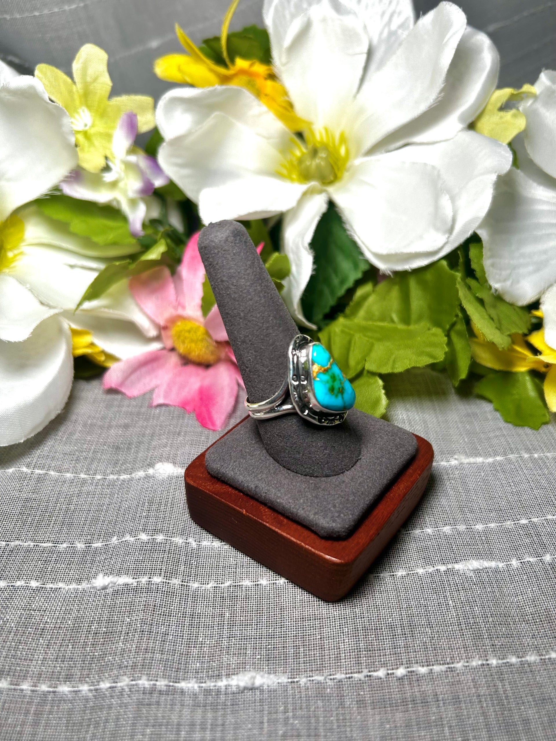 Navajo Made Natural Sonoran Mountain Turquoise & Sterling Silver Ring Size 10.25