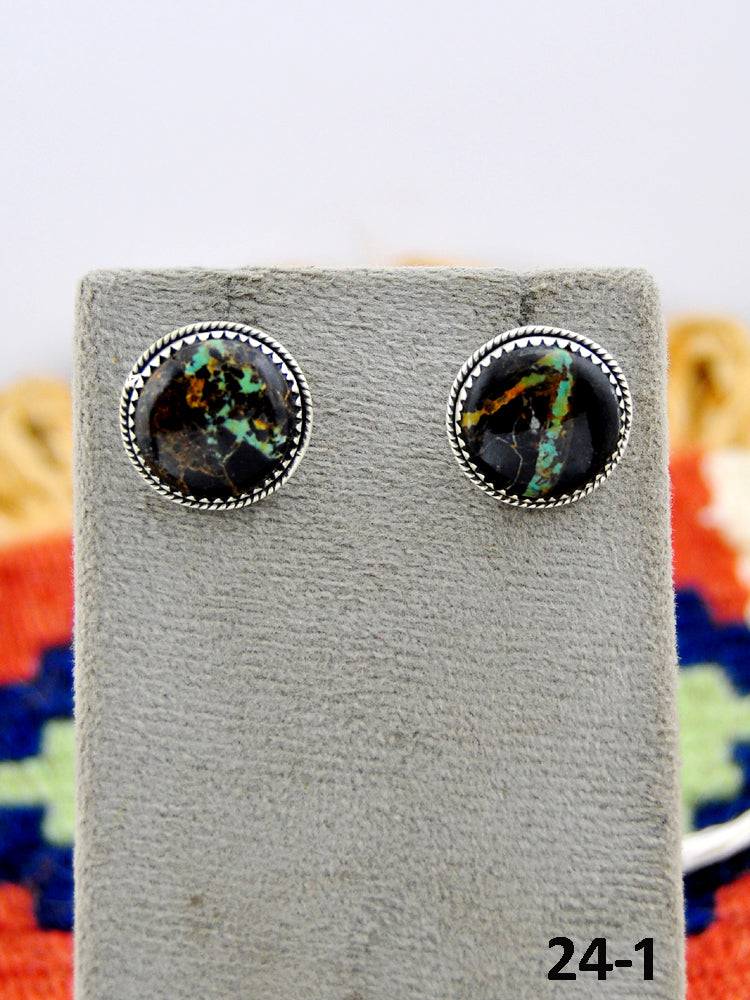 Southwest Made Black Jack Turquoise & Sterling Silver Post Studs Earrings