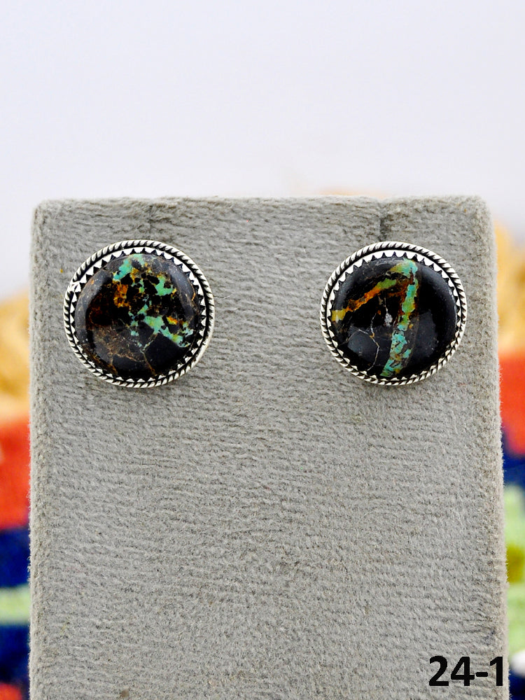 Southwest Made Black Jack Turquoise & Sterling Silver Post Studs Earrings