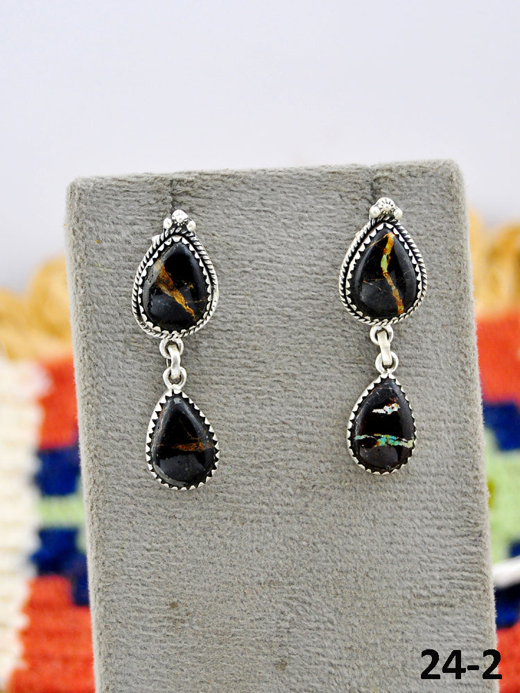 Southwest Made Black Jack Turquoise & Sterling Silver Post Dangle Earrings