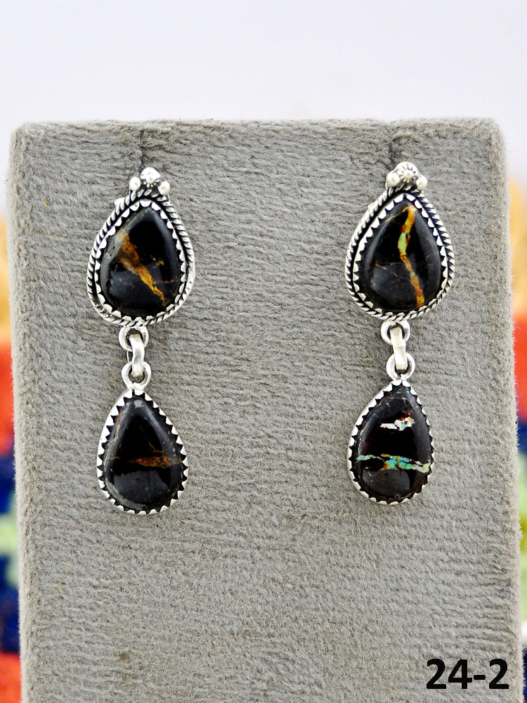Southwest Made Black Jack Turquoise & Sterling Silver Post Dangle Earrings