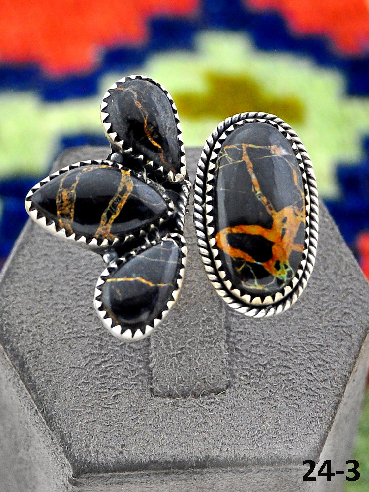 Southwest Handmade Black Jack Turquoise & Sterling Silver Adjustable Ring
