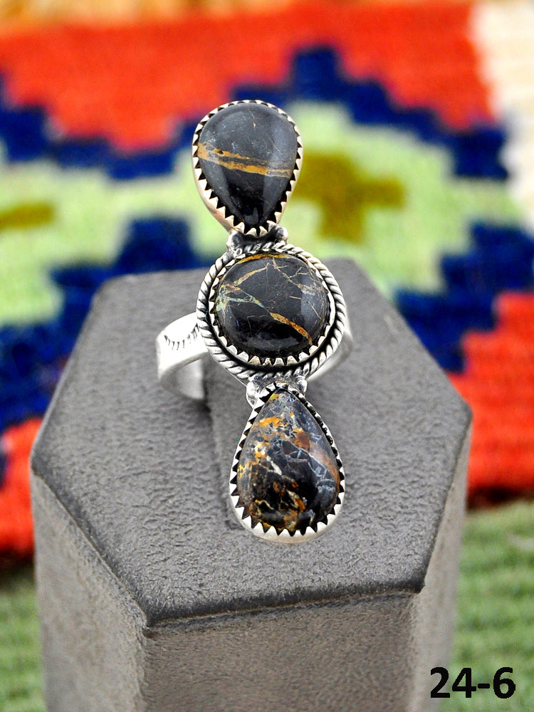 Southwest Handmade Black Jack Turquoise & Sterling Silver Adjustable Ring