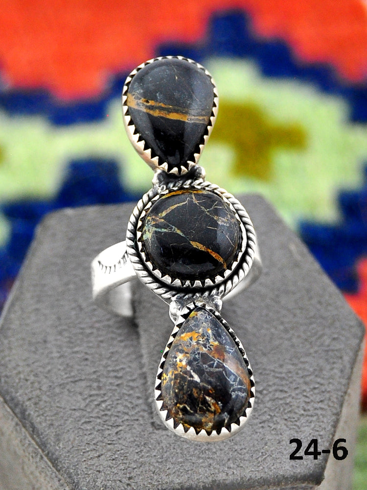 Southwest Handmade Black Jack Turquoise & Sterling Silver Adjustable Ring