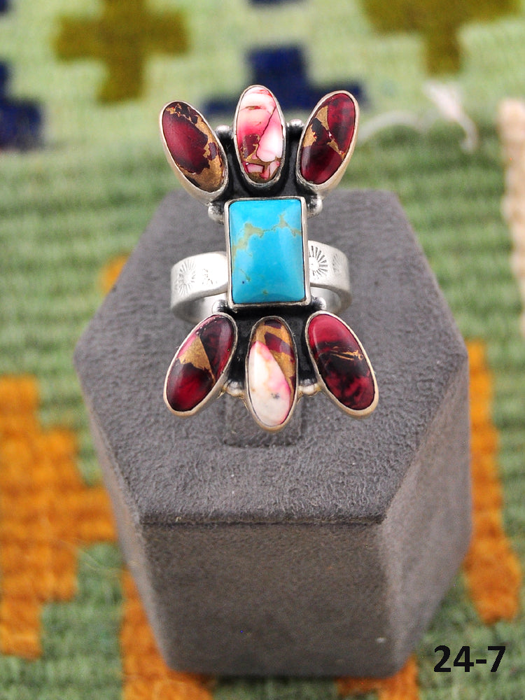 Southwest Made Multi Stone & Sterling Silver Adjustable Ring