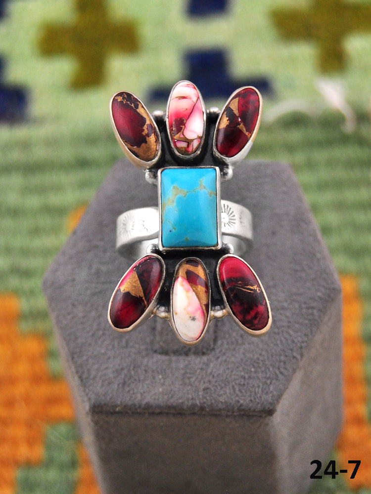 Southwest Made Multi Stone & Sterling Silver Adjustable Ring