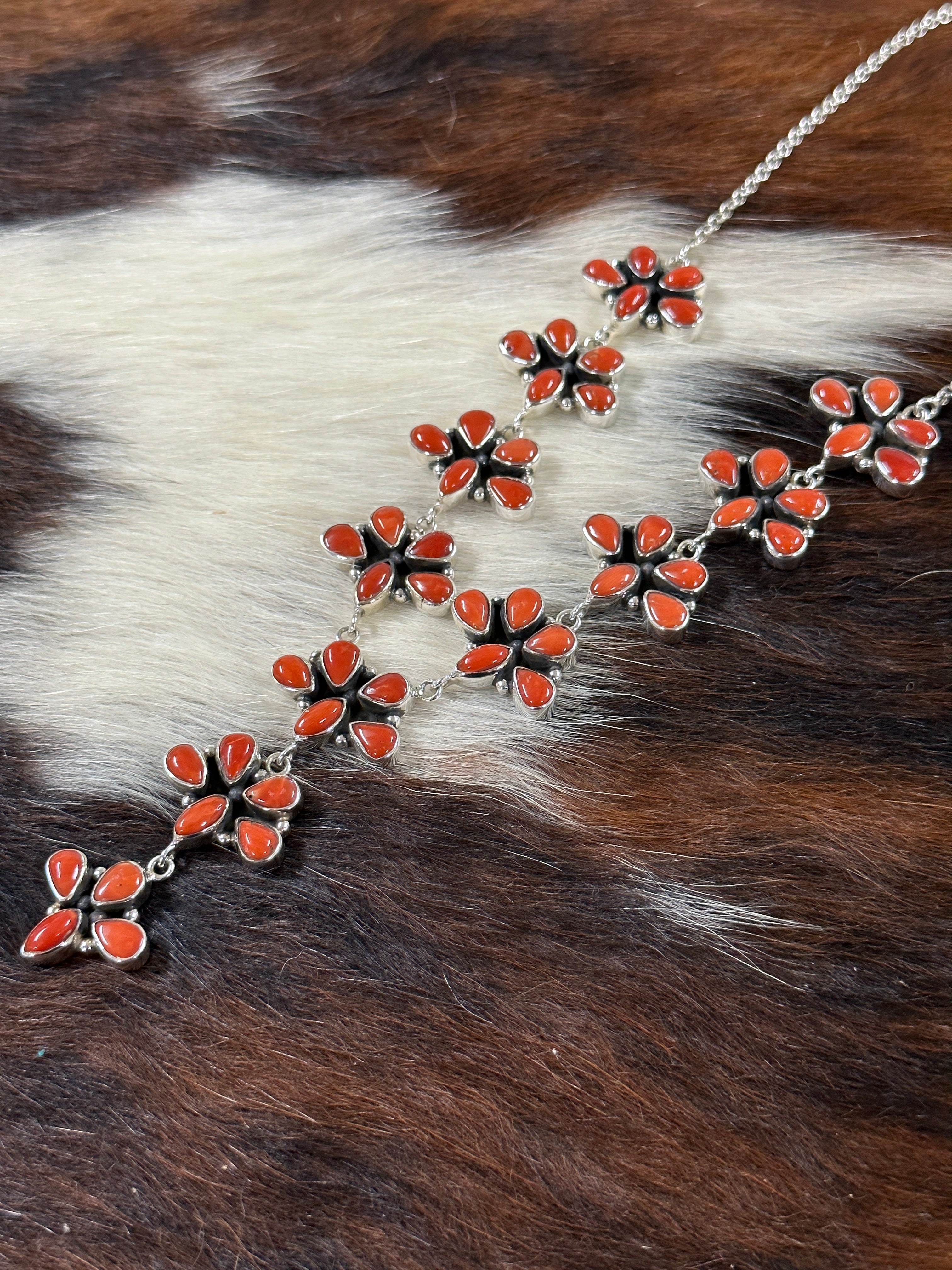 Southwest Handmade Natural Red Coral & Sterling Silver Necklace Set