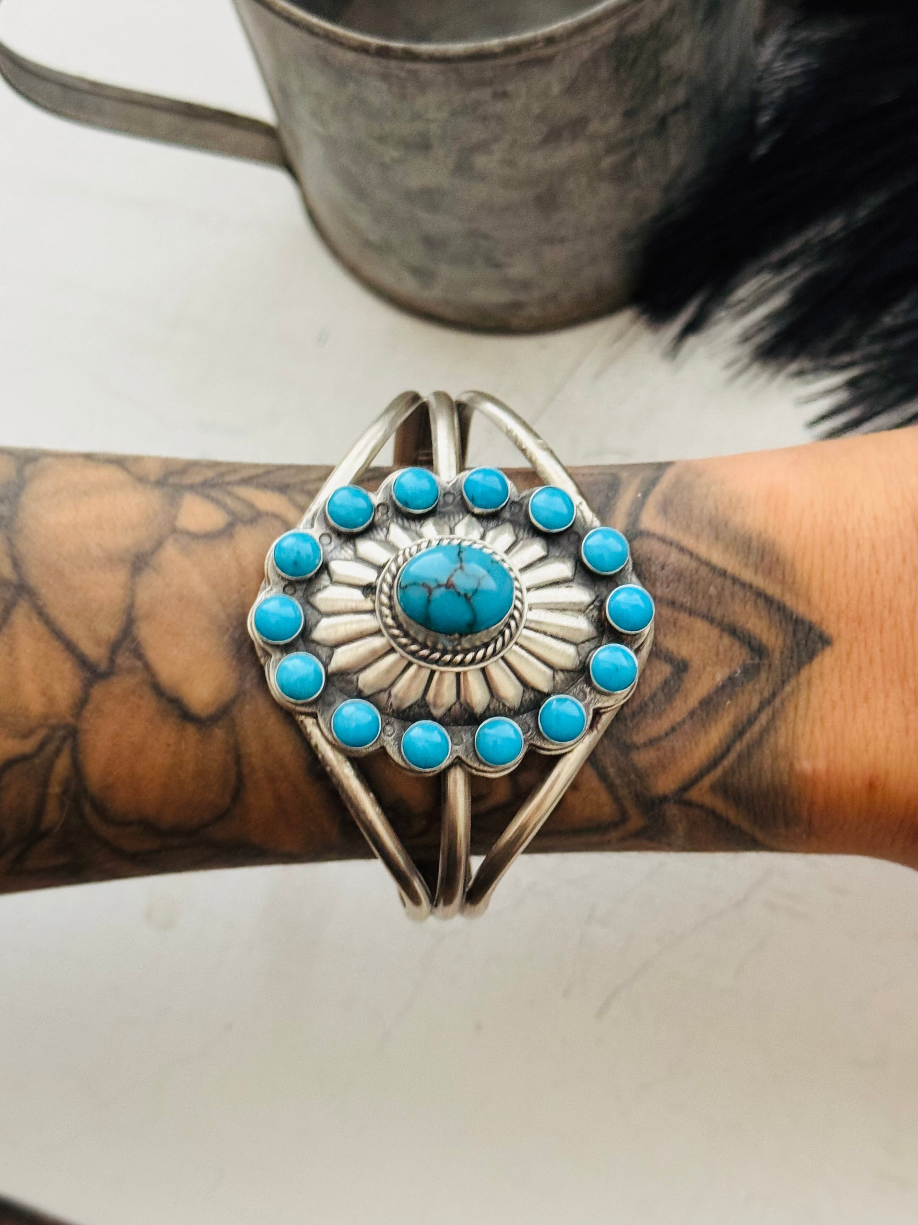 Steven Nez Multi Turquoise & Sterling Silver Concho Cuff Bracelet