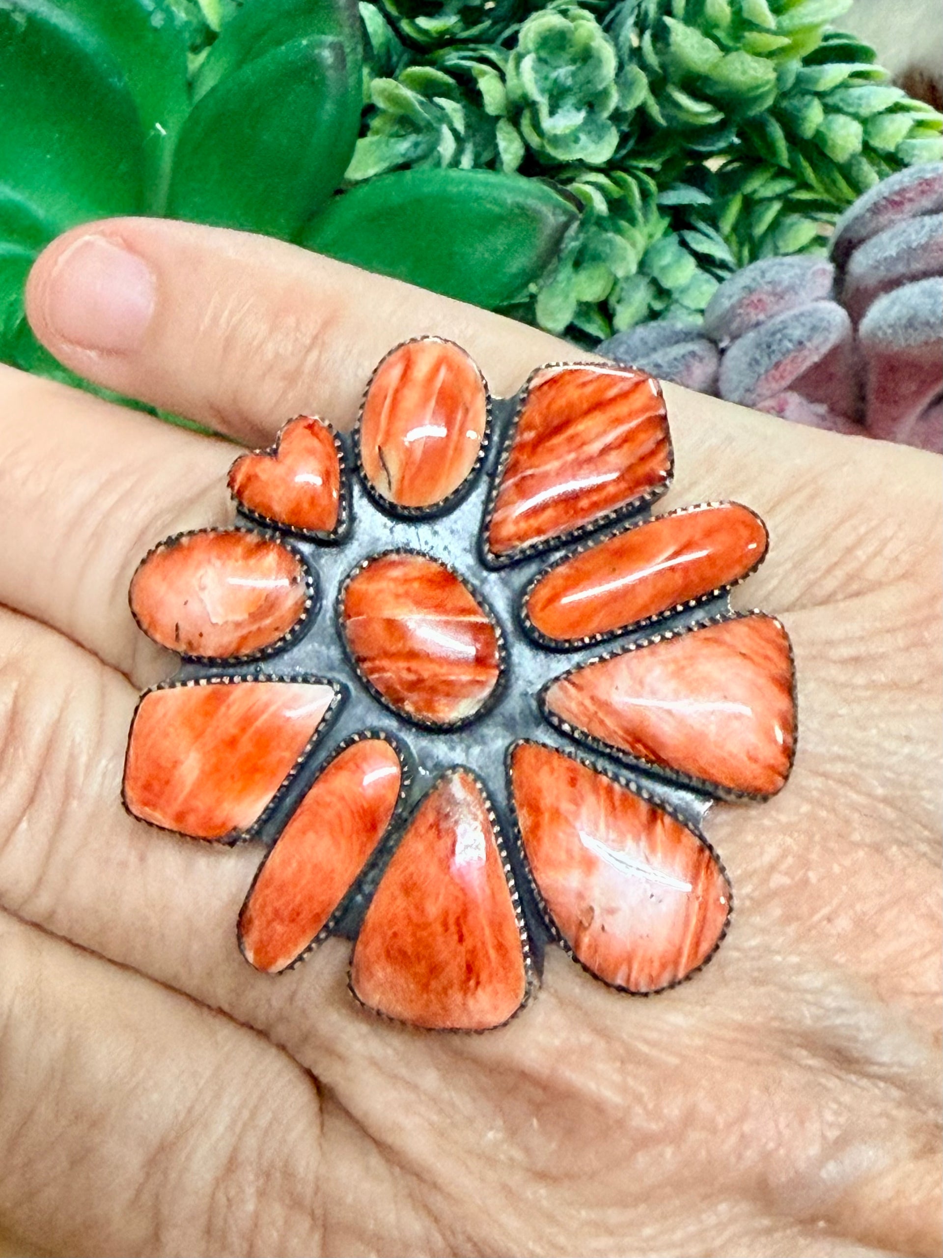 Southwest Handmade Red Spiny Oyster & Sterling Silver Adjustable Ring