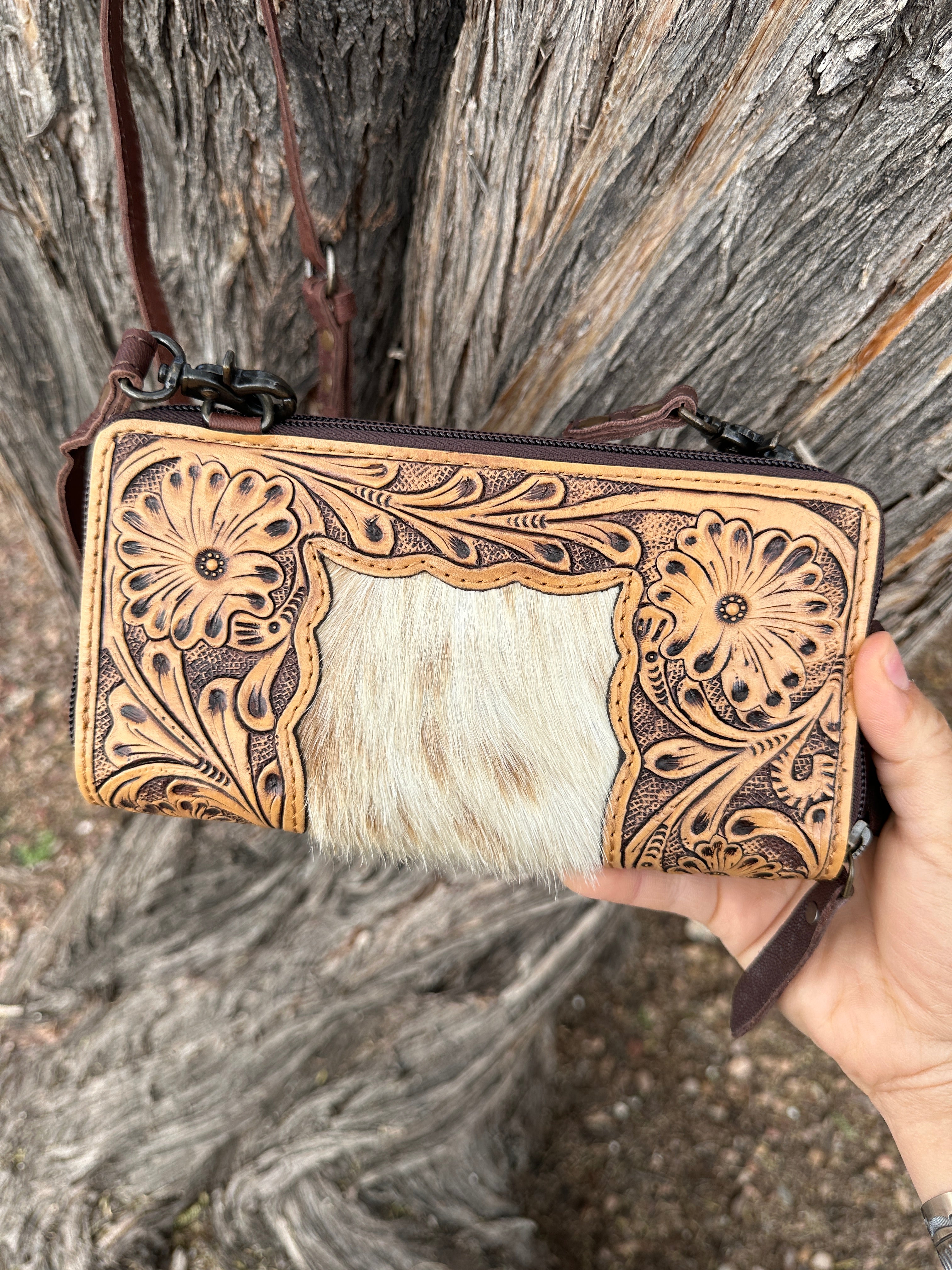 Genuine Tooled Leather & Cowhide Wallet Purse