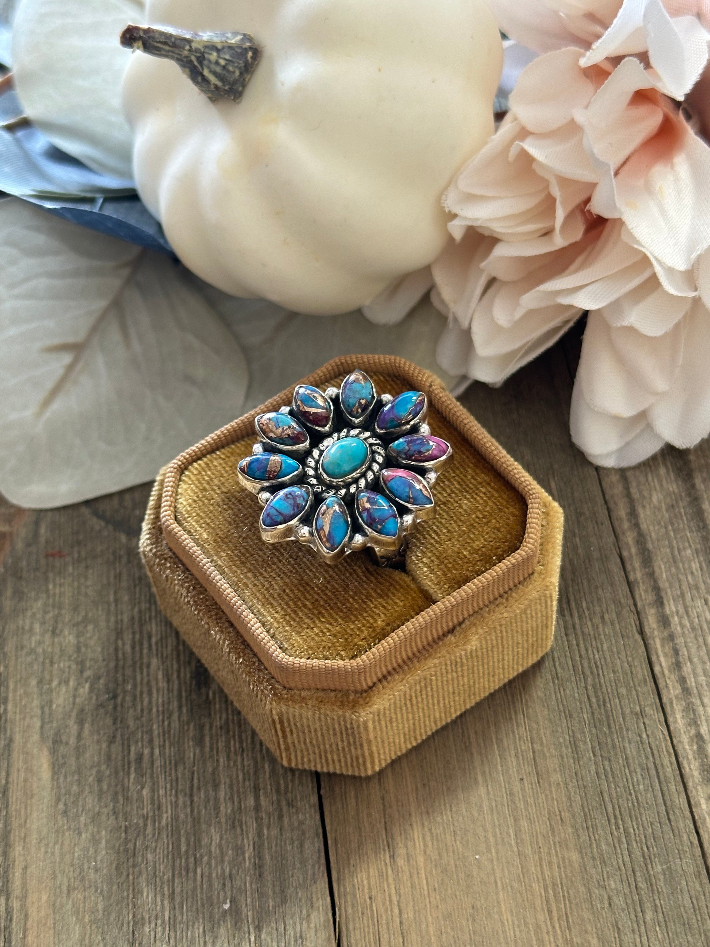 Southwest Handmade Mohave Turquoise & Sterling Silver Adjustable Cluster Ring