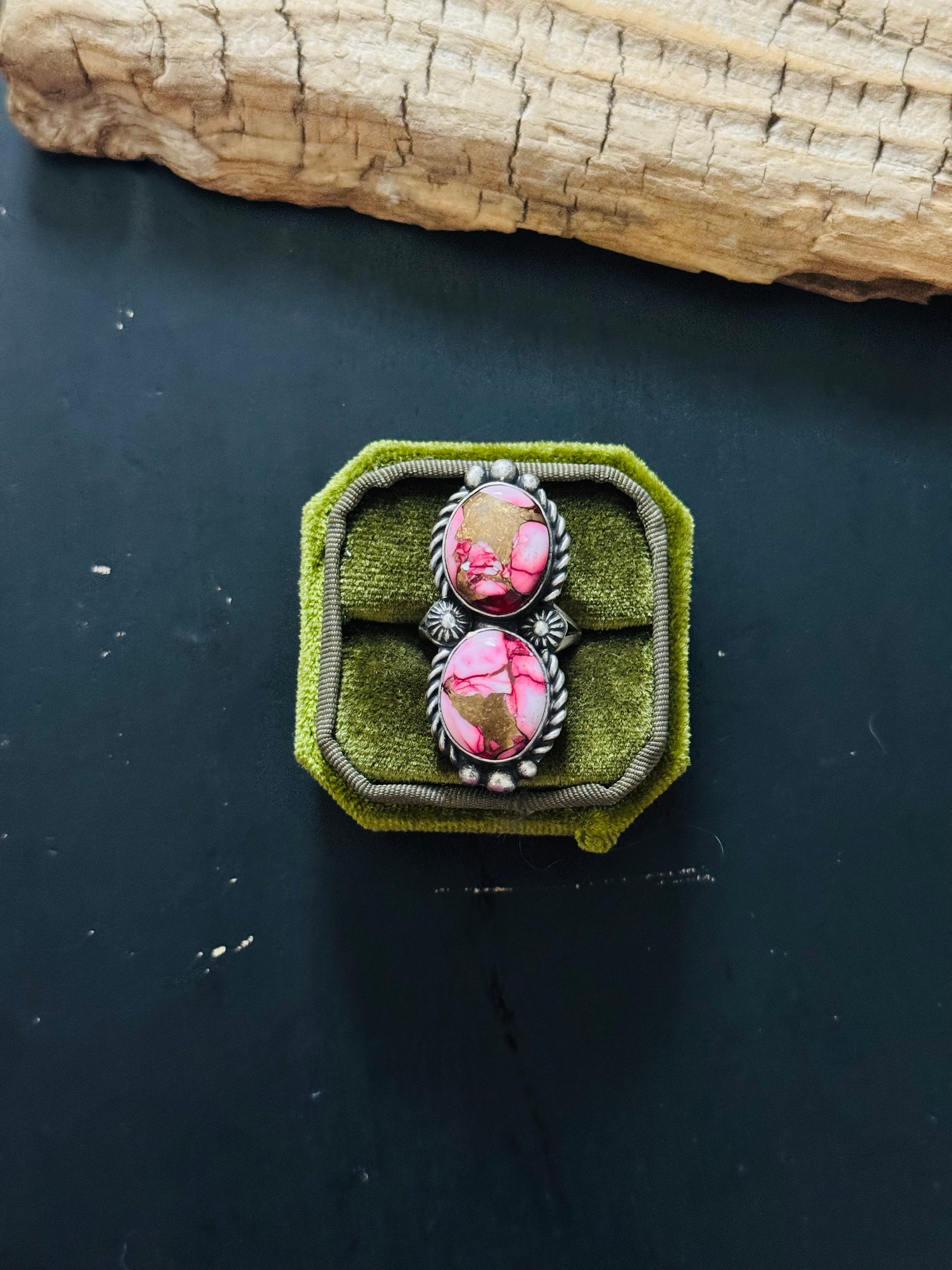 Robert Shakey Rose Dahlia Composite & Sterling Silver Ring Size 6.75