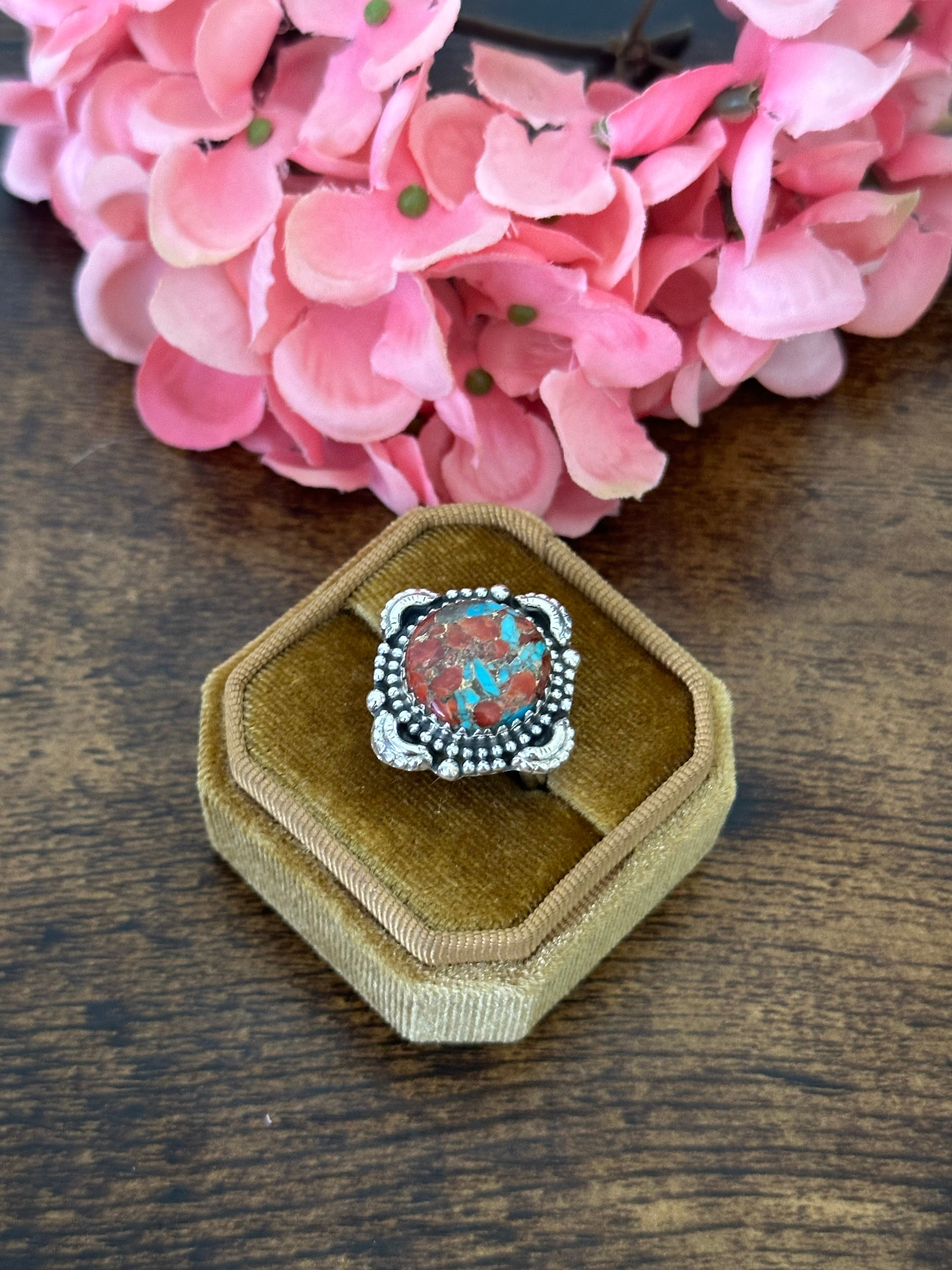 Southwest Handmade Red Mohave Turquoise & Sterling Silver Ring Size 7.75