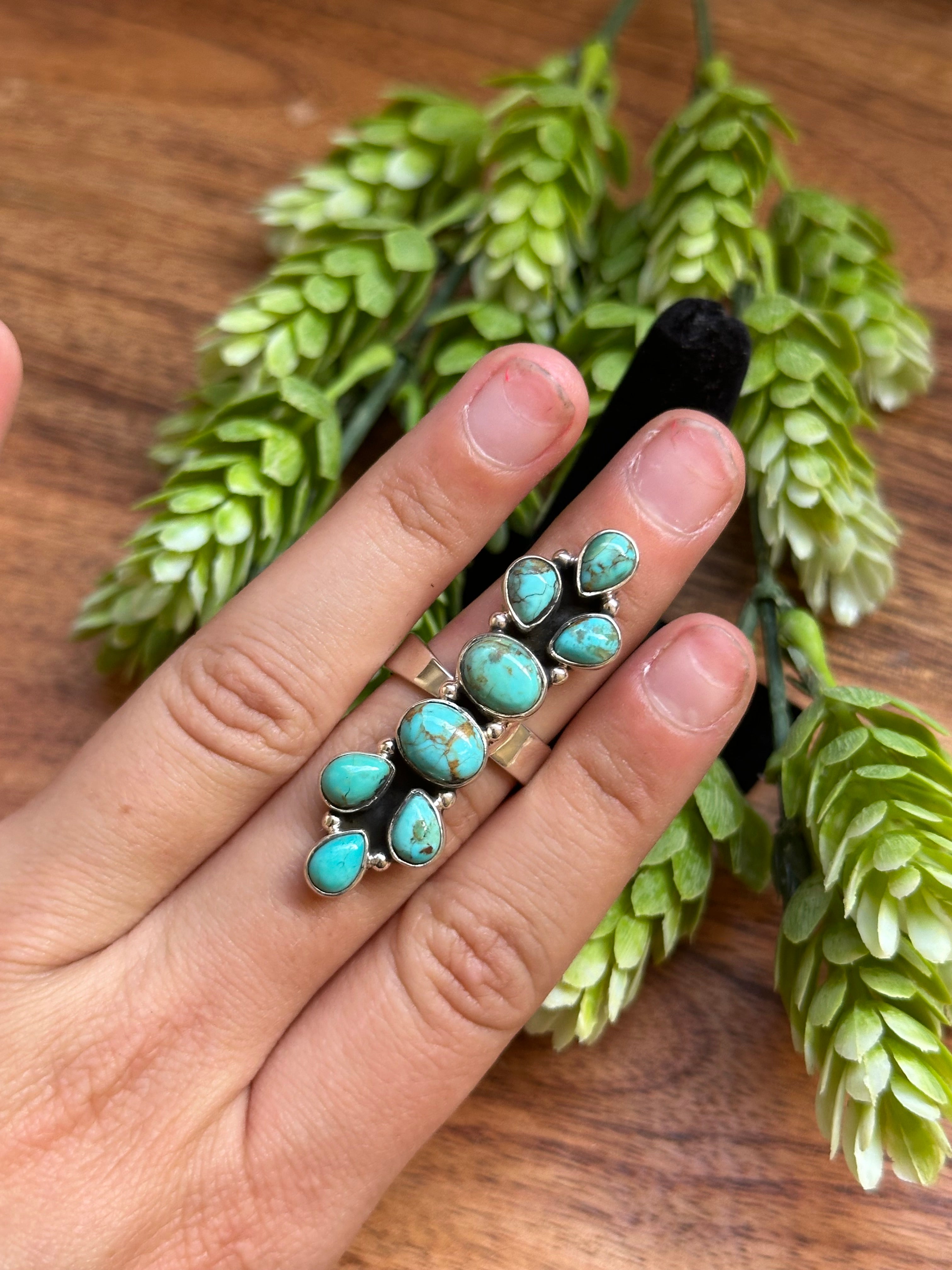 Southwest Handmade Kingman Turquoise & Sterling Silver Adjustable Cluster Ring