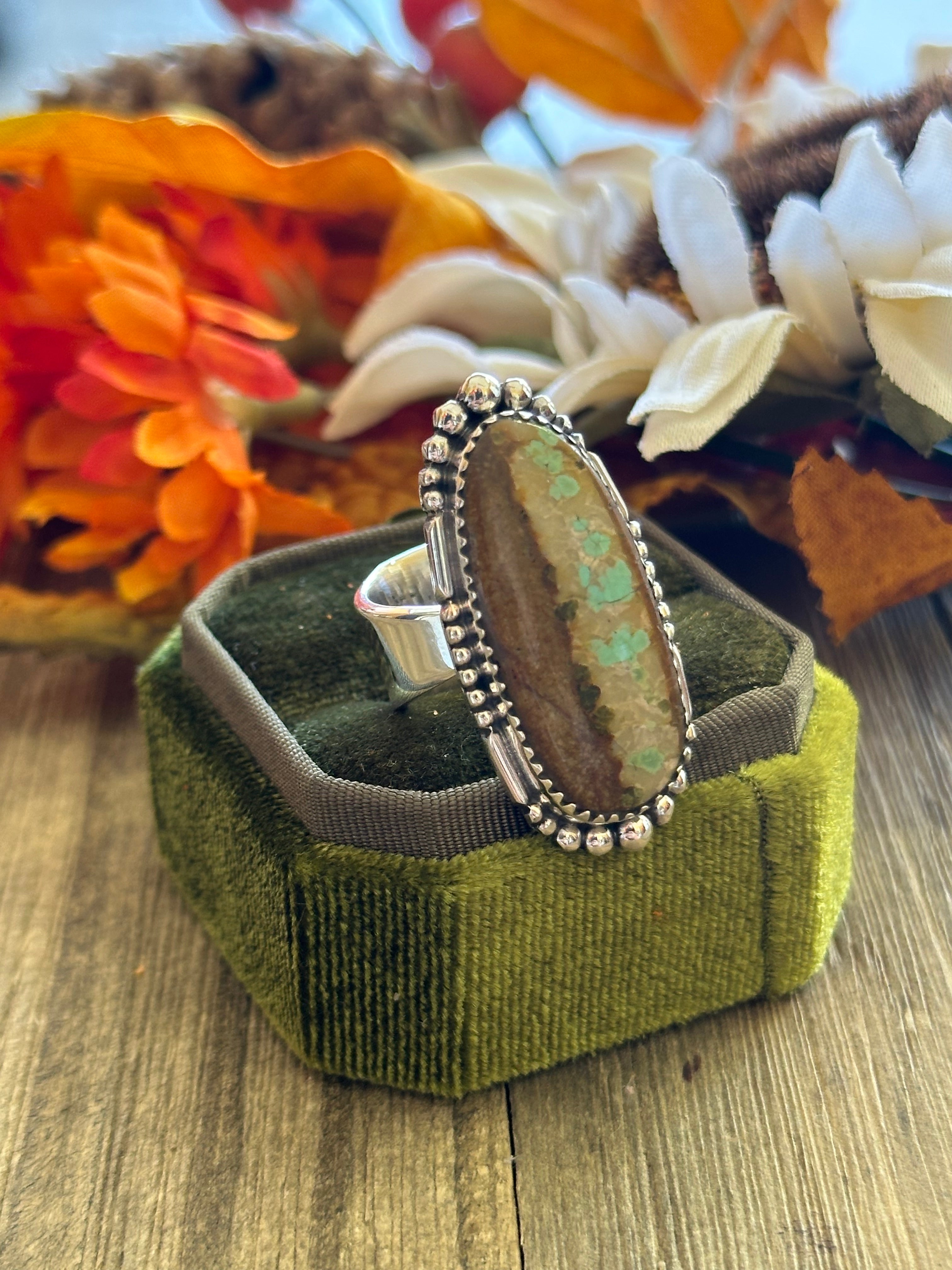 Southwest Handmade #8 Turquoise & Sterling Silver Adjustable Ring