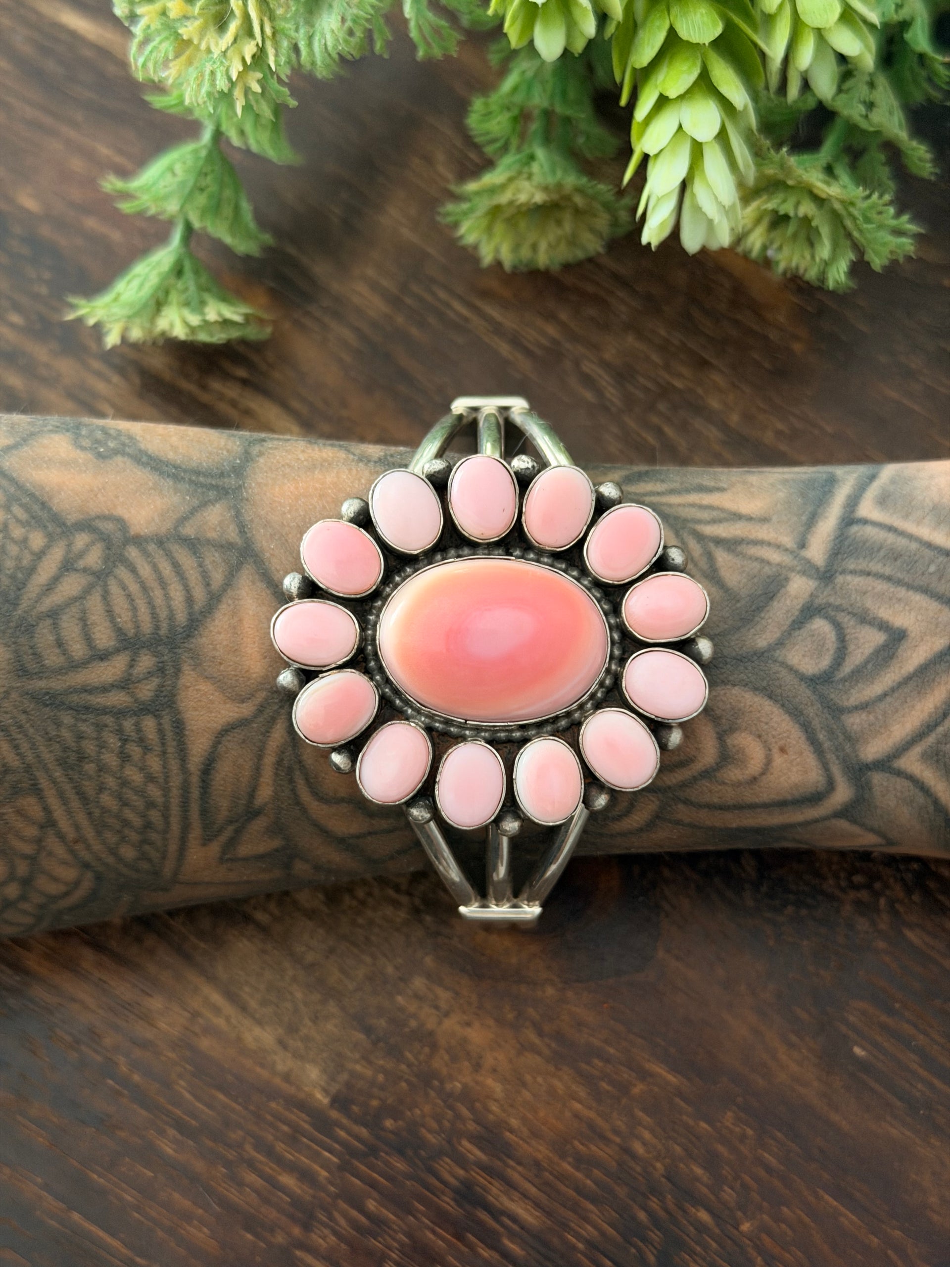 Navajo Made Pink Conch & Sterling Silver Cluster Cuff Bracelet