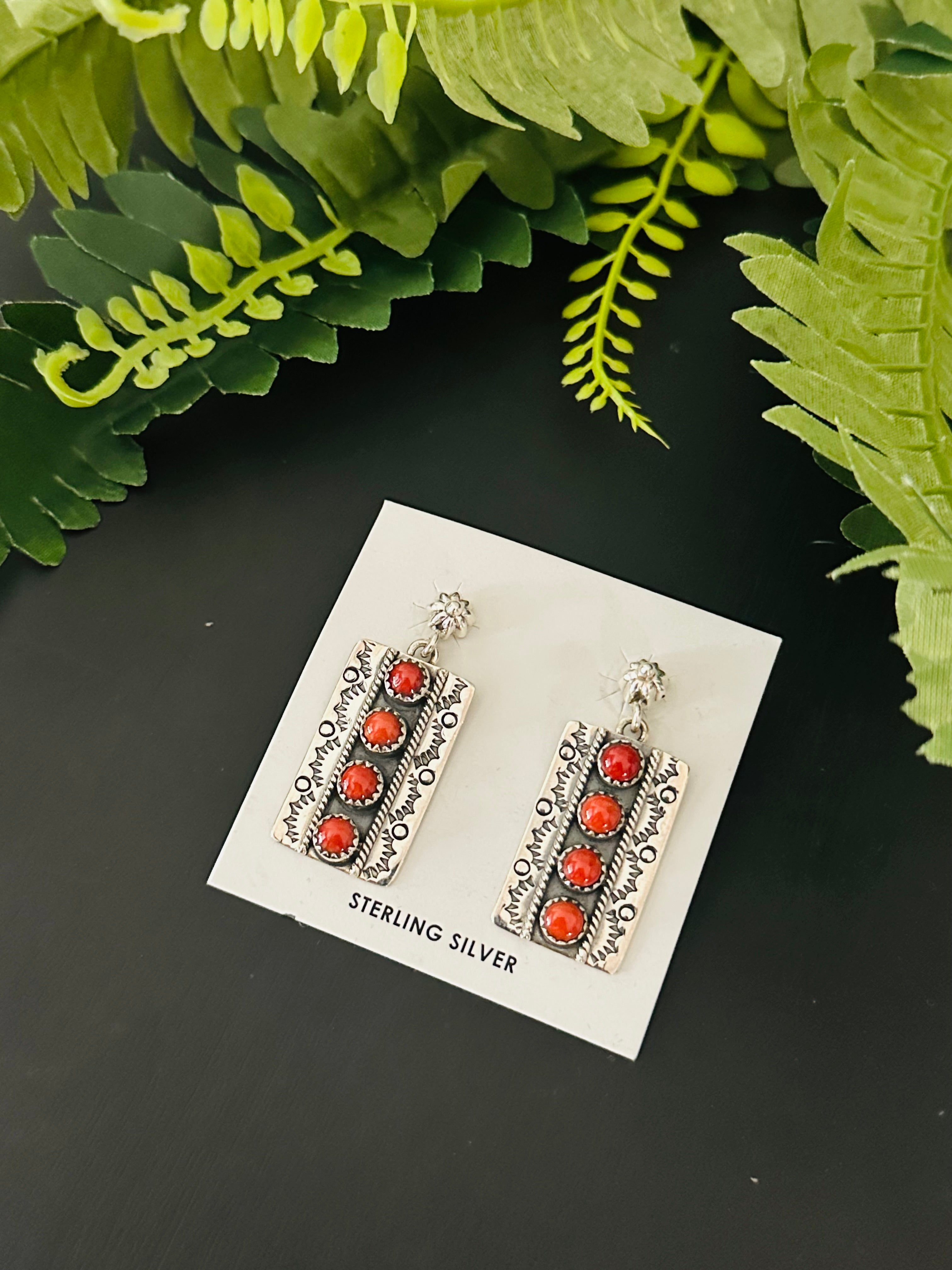 Navajo Made Coral & Sterling Silver Post Dangle  Earrings