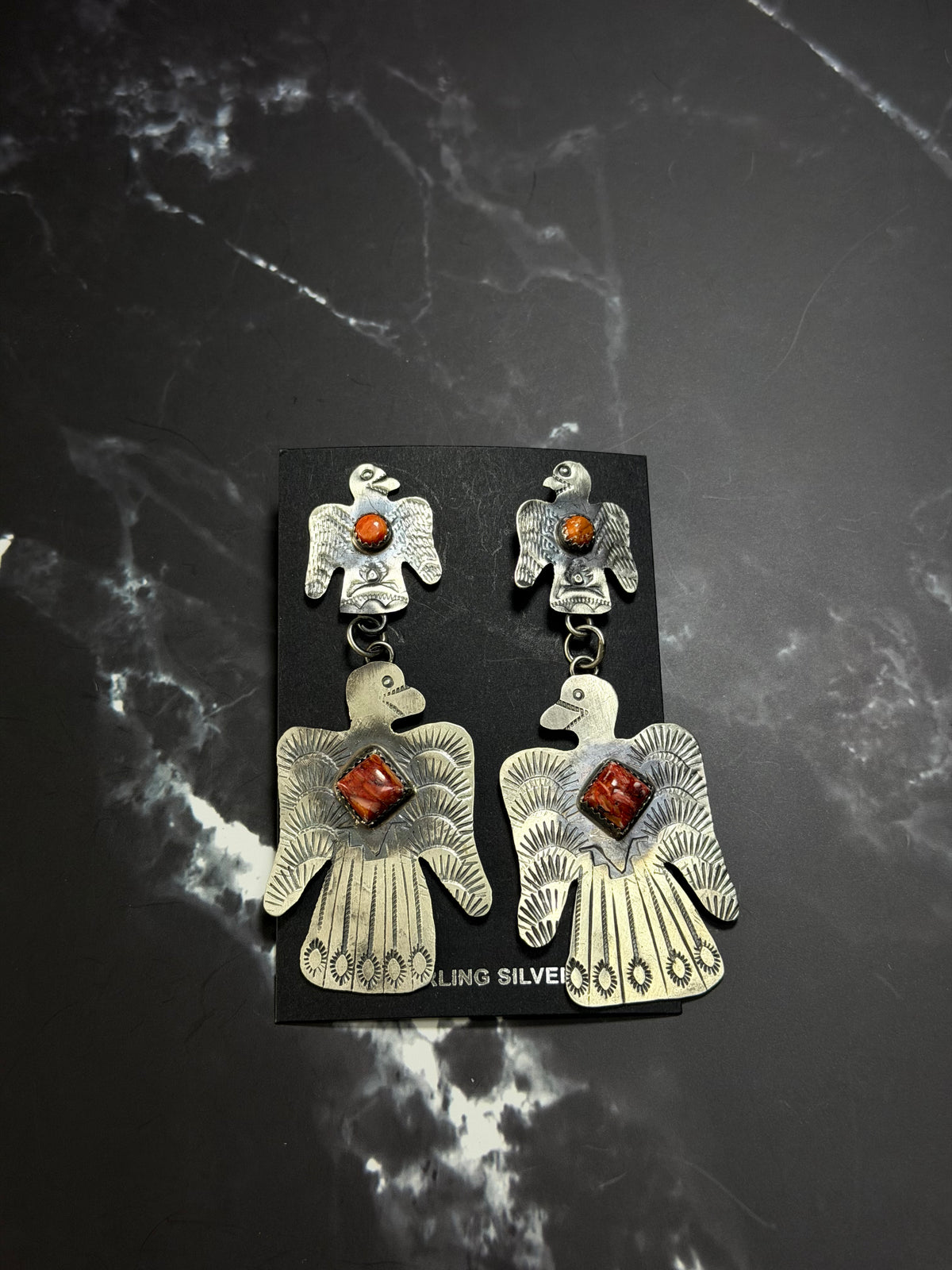 Gabriella Yazzie Spiny Oyster & Sterling Silver Thunderbird Post Dangle Earrings