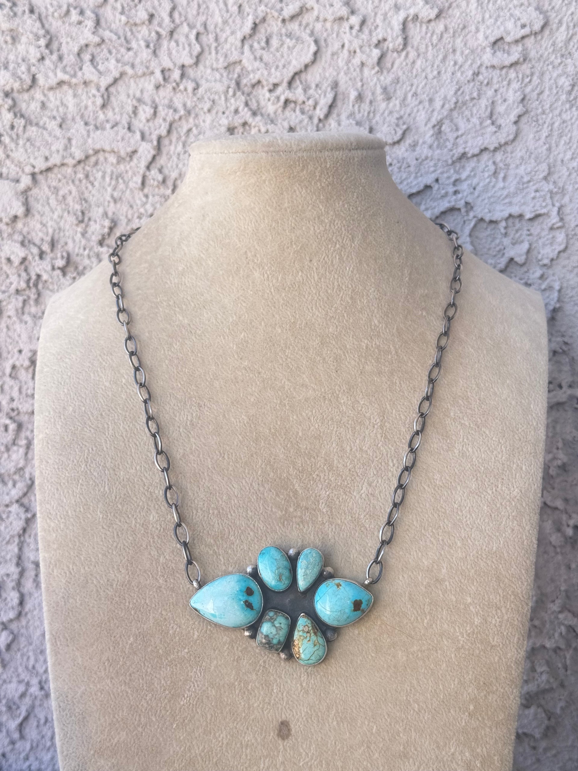 Navajo Made Mixed Turquoise & Sterling Sliver Cluster Necklace
