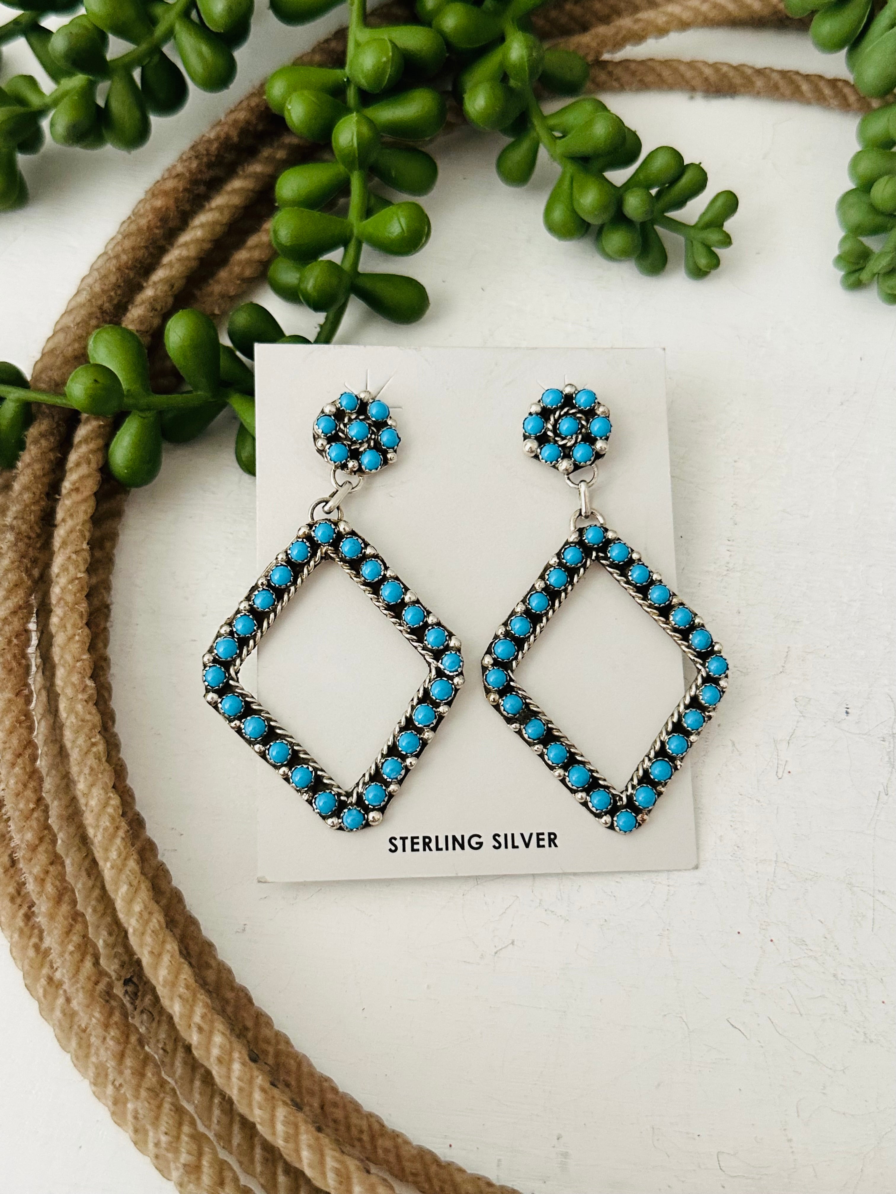 Zuni Made Turquoise & Sterling Silver Post Dangle Earrings