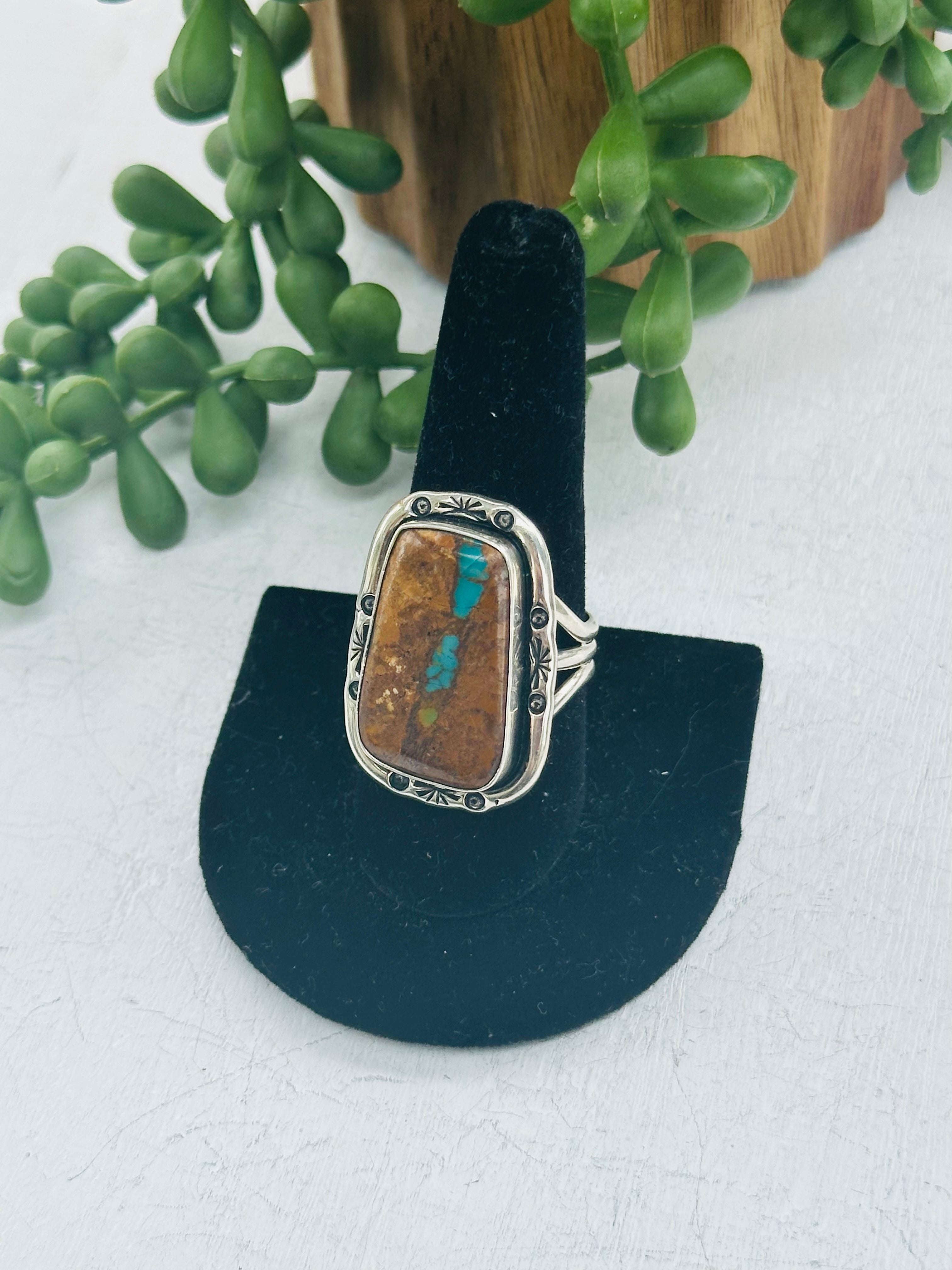 Navajo Made Ribbon Royston Turquoise and Sterling Silver Ring Size 10.25