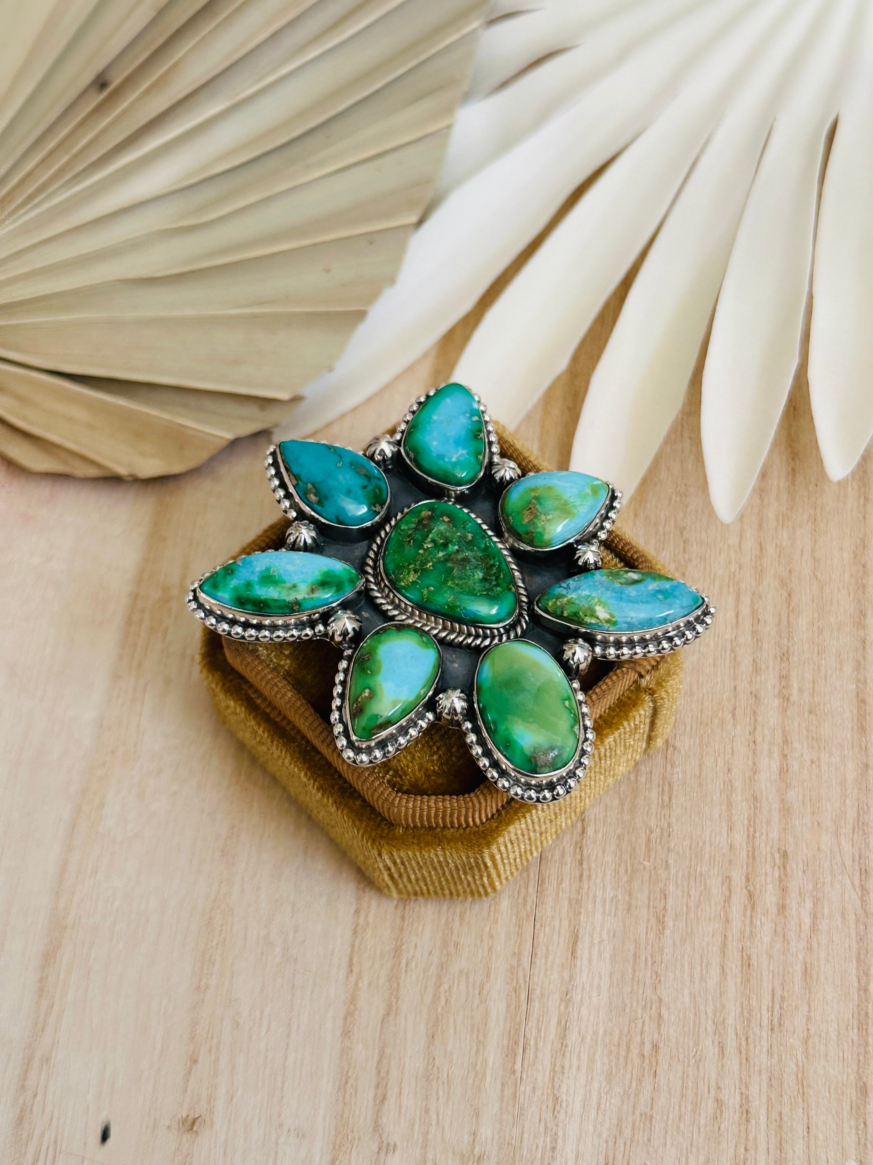 Southwest Handmade Sonoran Mountain Turquoise & Sterling Silver Adjustable Cluster Ring