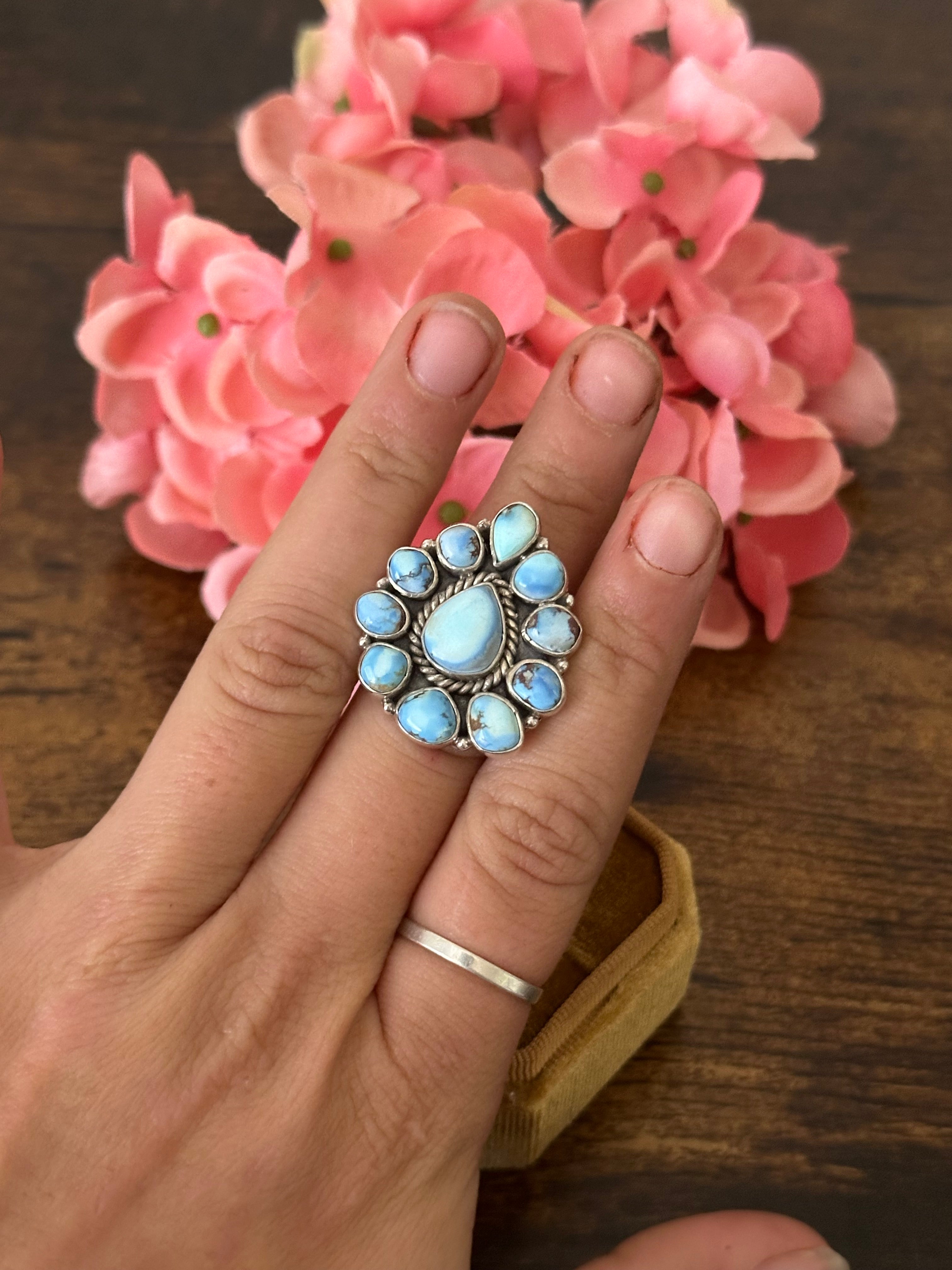 Southwest Handmade Golden Hills Turquoise & Sterling Silver Cluster Adjustable Ring