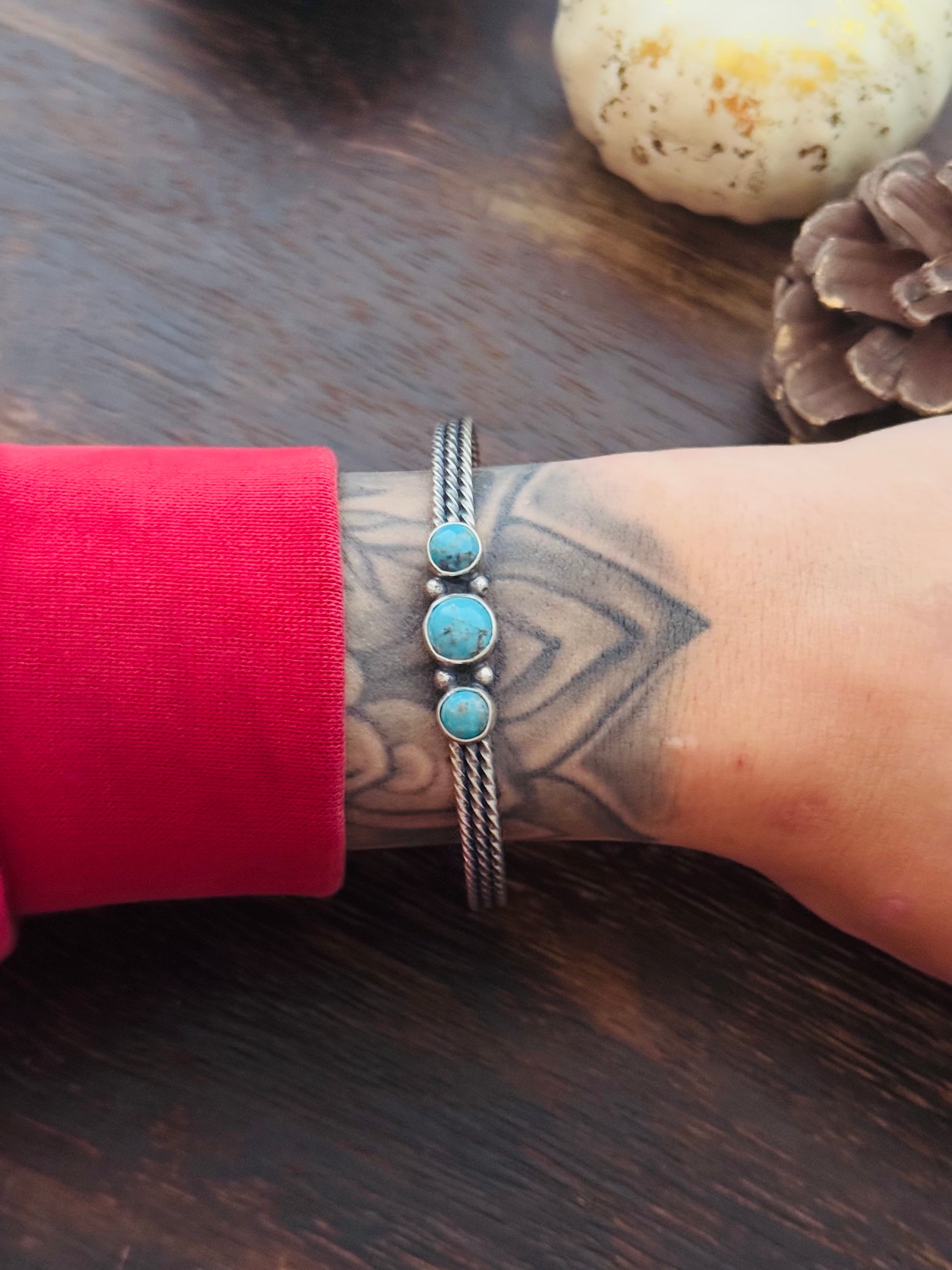 Navajo Made Red Skin Turquoise & Sterling Silver Cuff Bracelet