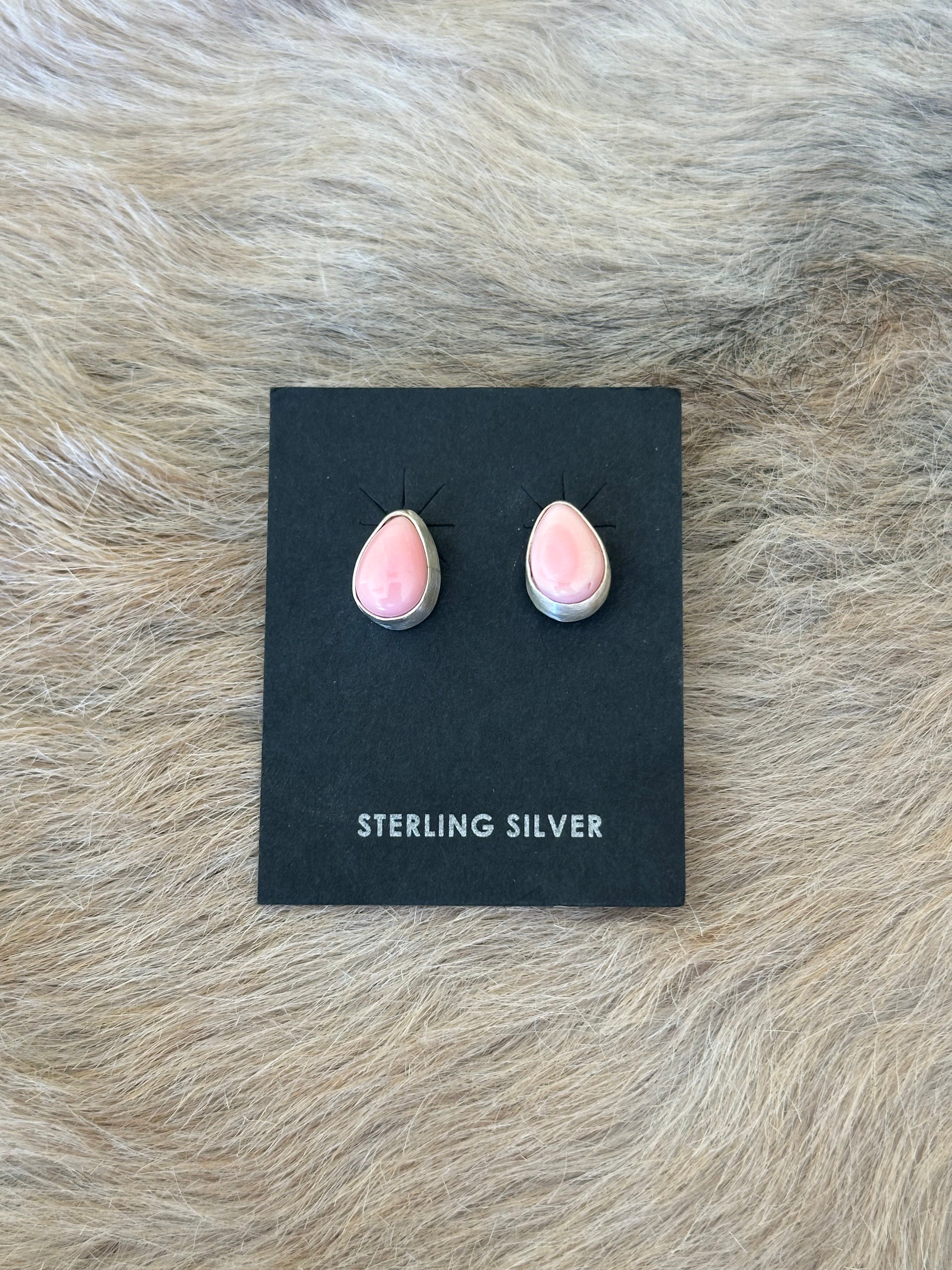 Navajo Made Pink Conch & Sterling Silver Post Tear Drop Earrings