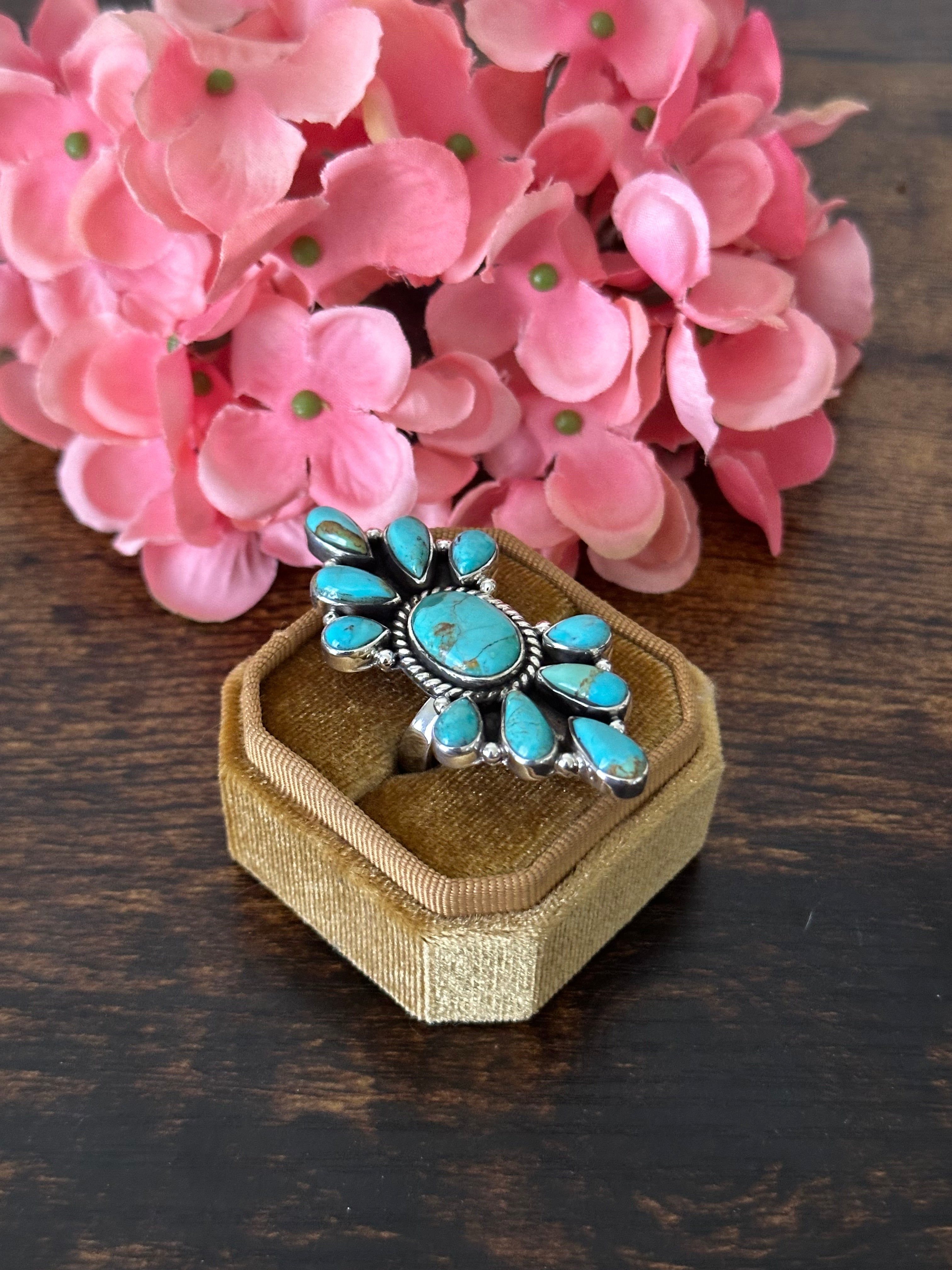 Southwest Handmade Kingman Turquoise & Sterling Silver Cluster Adjustable Ring