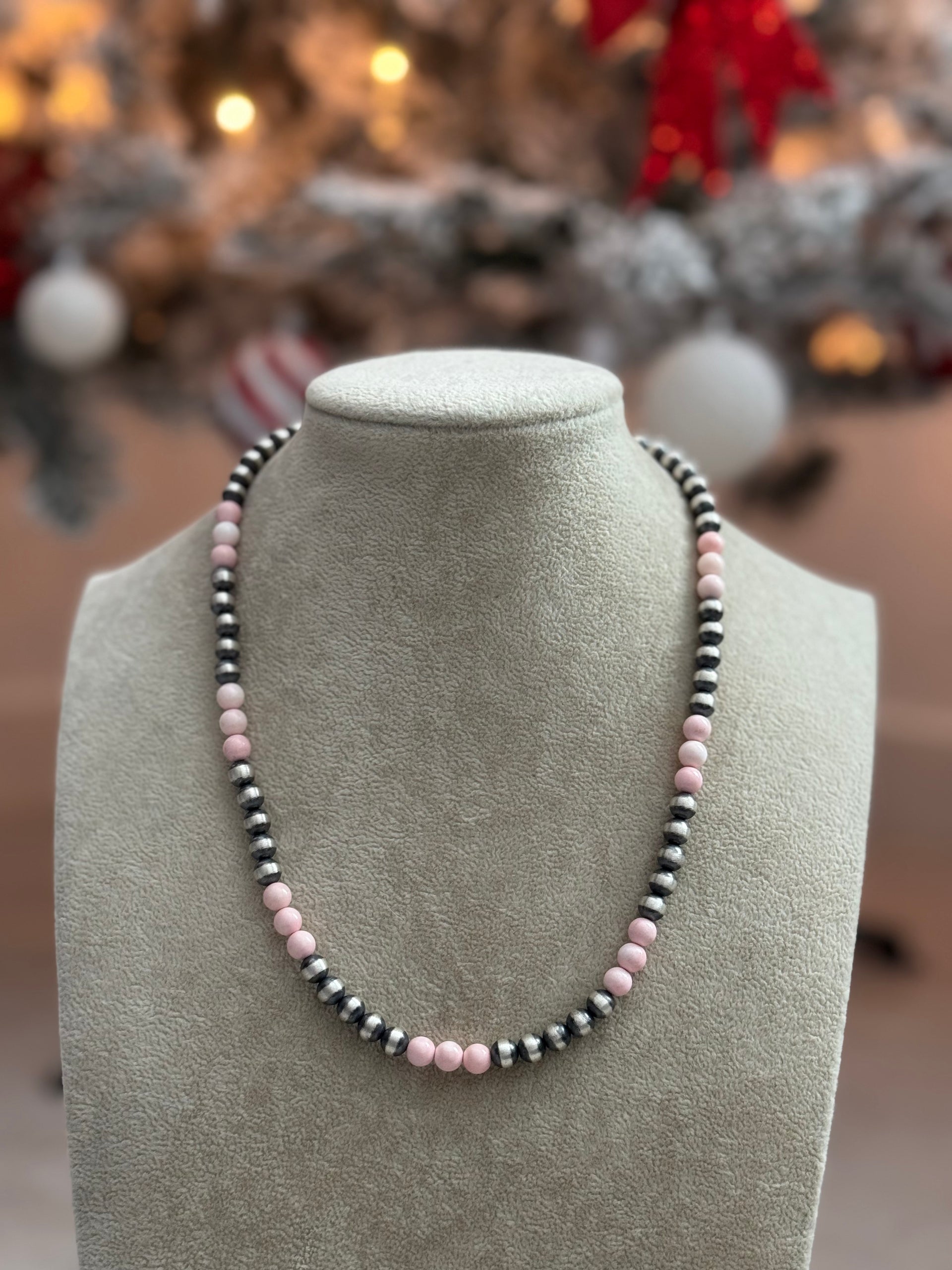 Navajo Strung Pink Conch & Sterling Silver Pearl Necklace