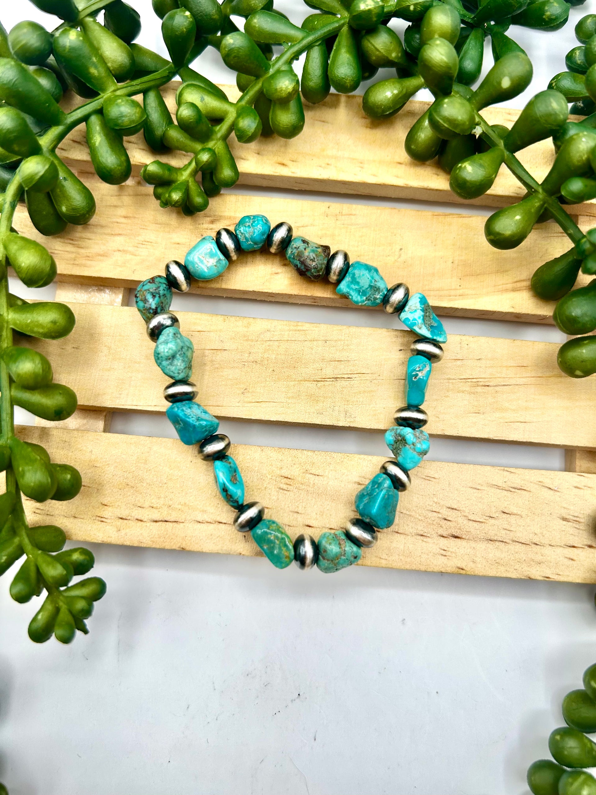 Navajo Made Kingman Turquoise & Sterling Silver Strung Stretchy Bracelet