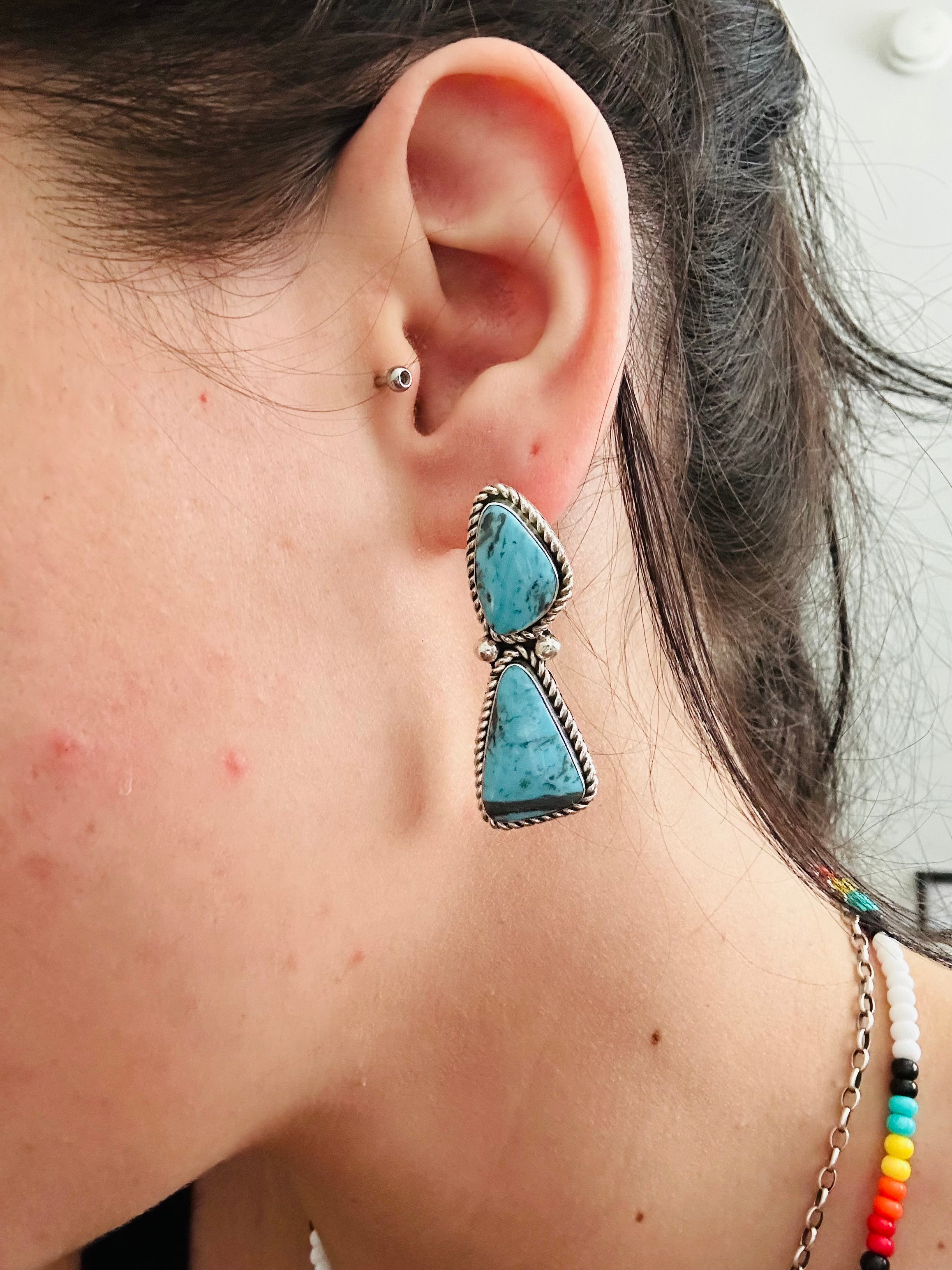 Navajo Handmade Kingman Turquoise & Sterling Silver Post Dangle Earrings