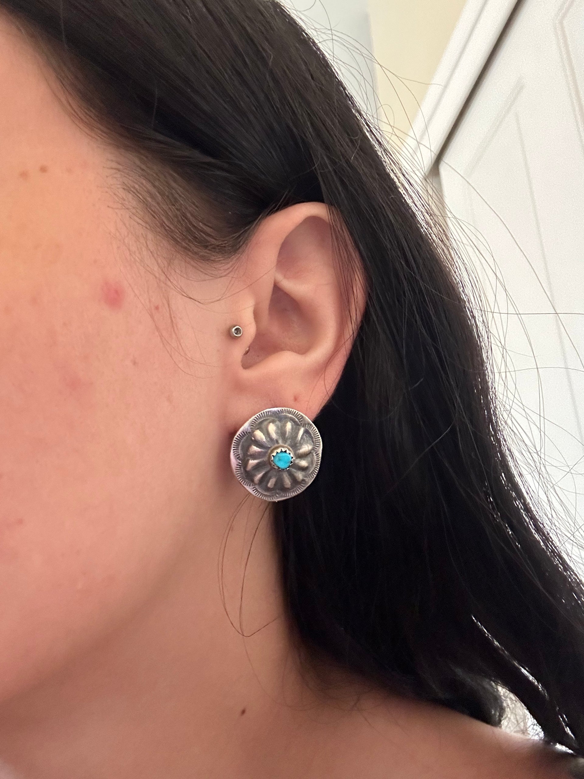 Theresa Smith Kingman Turquoise & Sterling Silver Post Concho Earrings