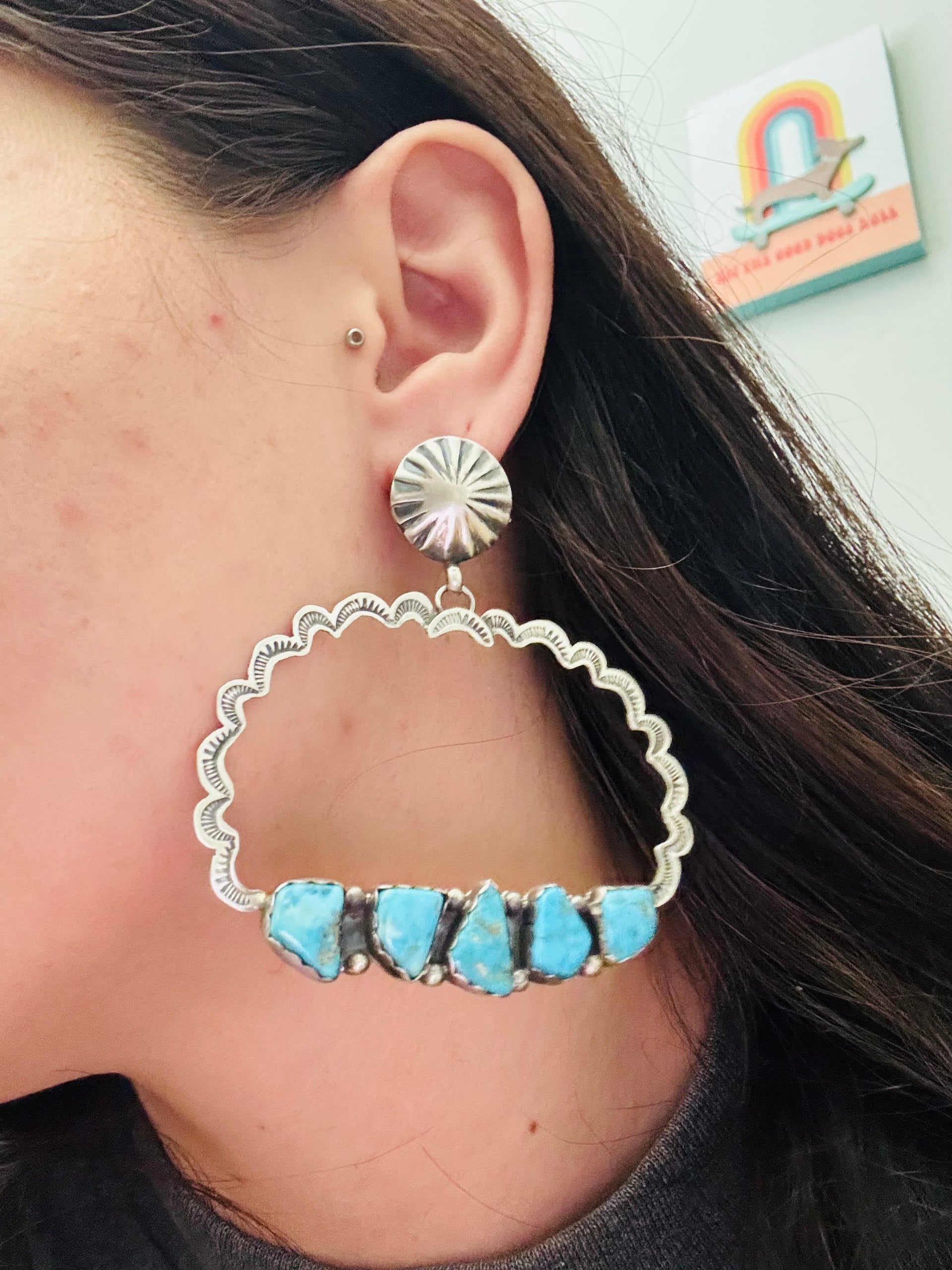 Navajo Made Kingman Turquoise & Sterling Silver Post Dangle Concho Earrings