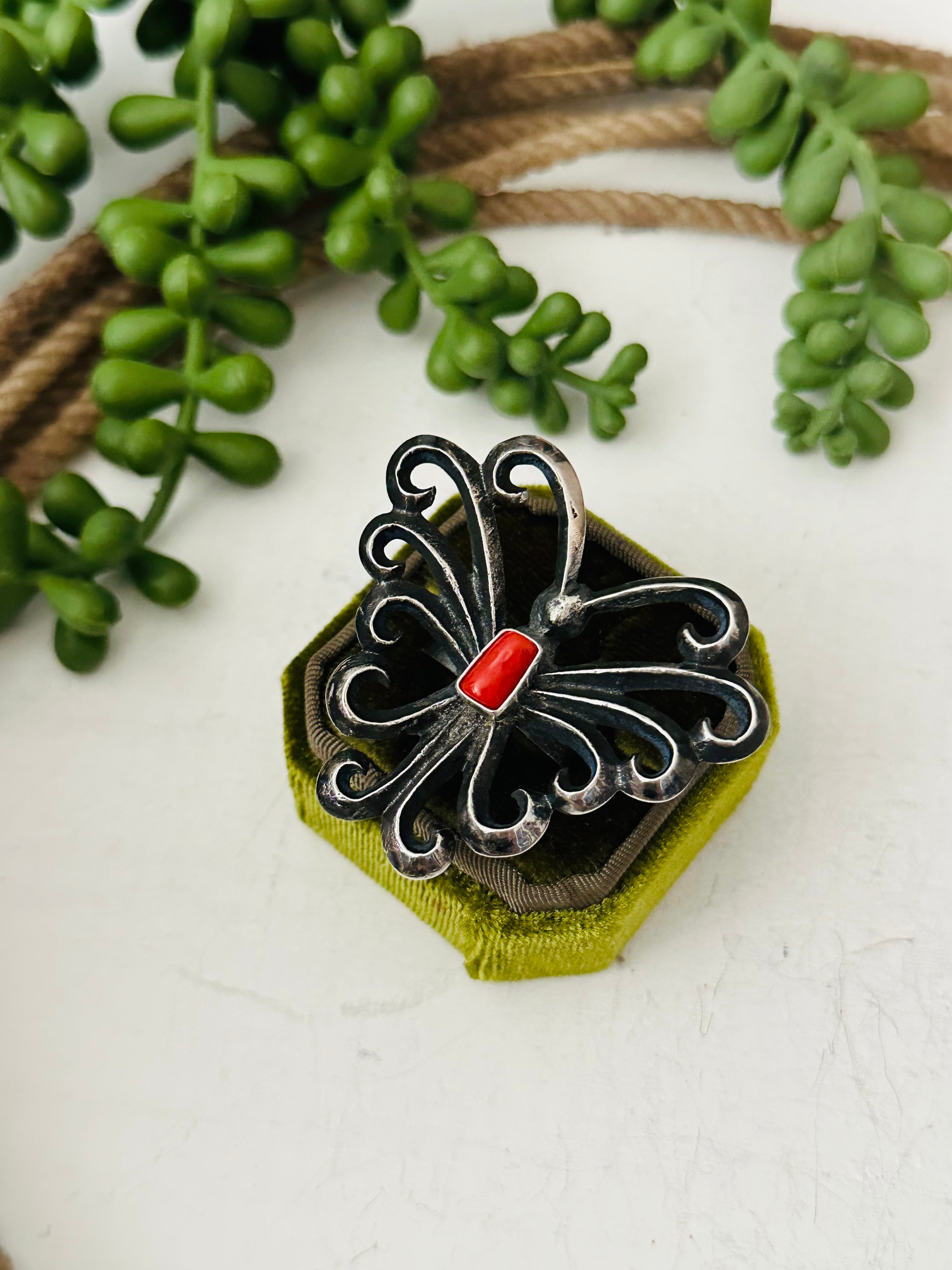 Navajo Made Coral & Sterling Silver Butterfly Ring