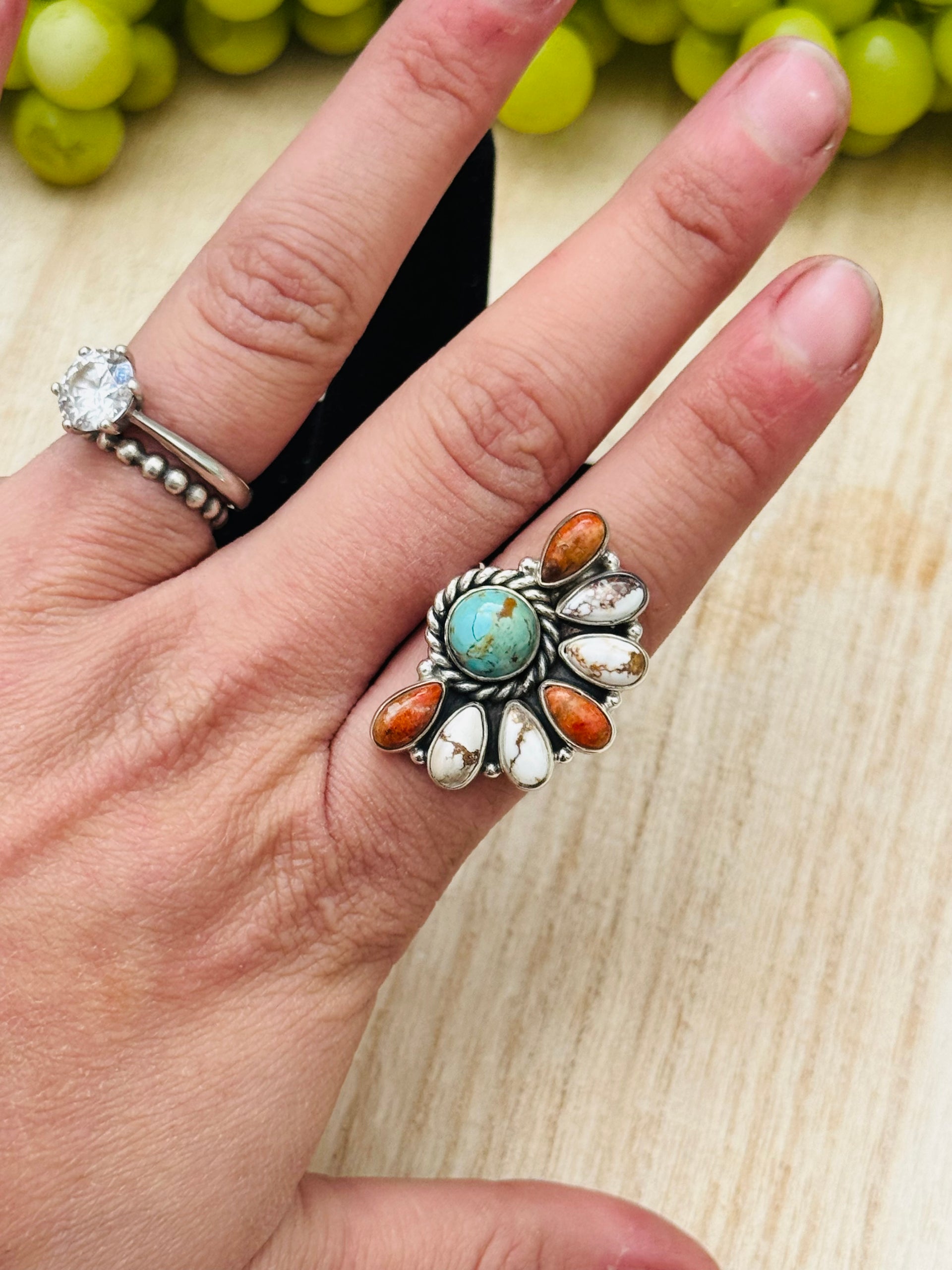 Southwest Handmade Multi Stone & Sterling Silver Adjustable Cluster Ring