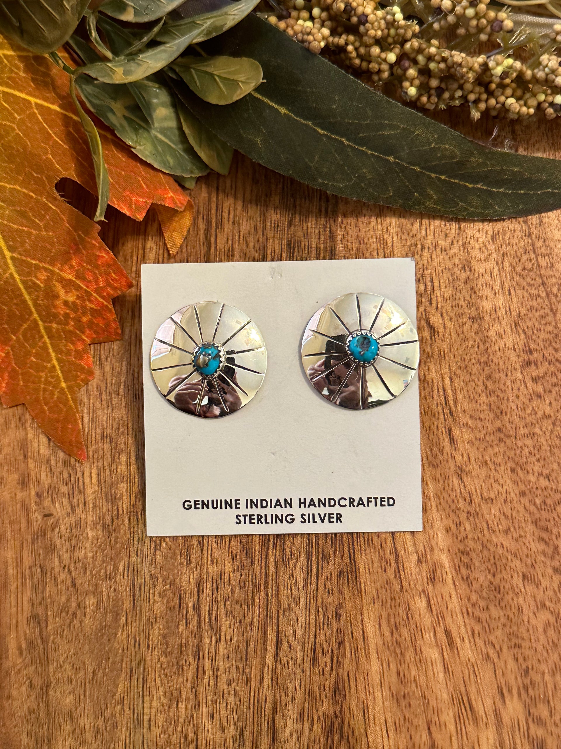 Navajo Made Kingman Turquoise & Sterling Silver Post Concho Earrings